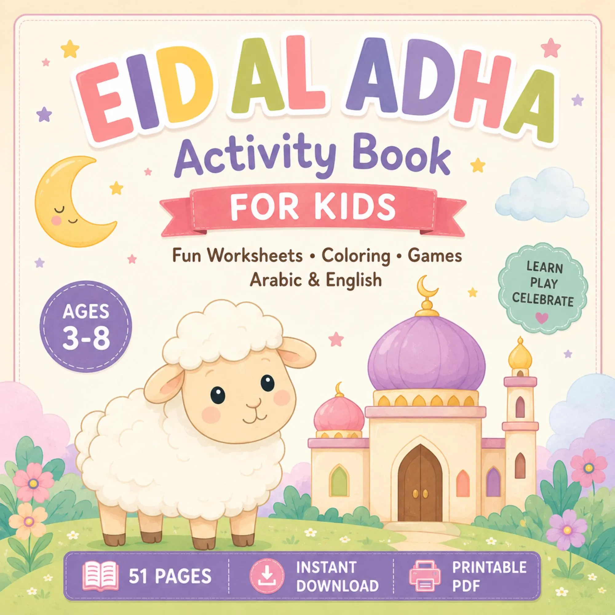 Last Minute Eid al Adha Activities for Kids Printable PDF Arabic English Coloring & Games