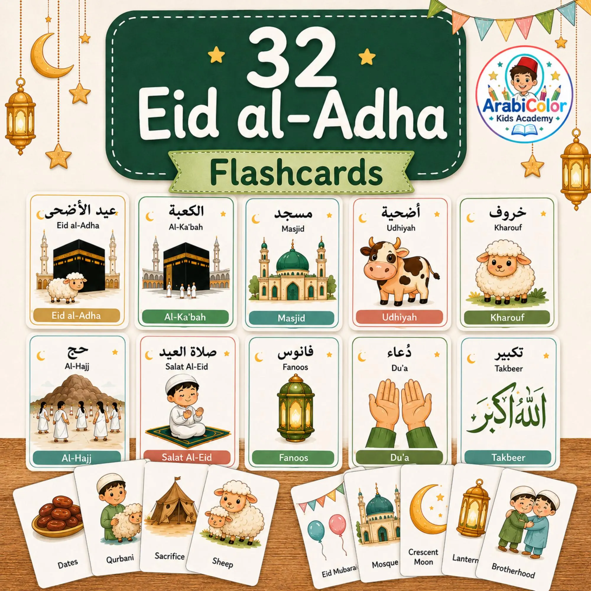 32 Eid Al Adha Flashcards Printable | Arabic English Islamic Cards for Kids