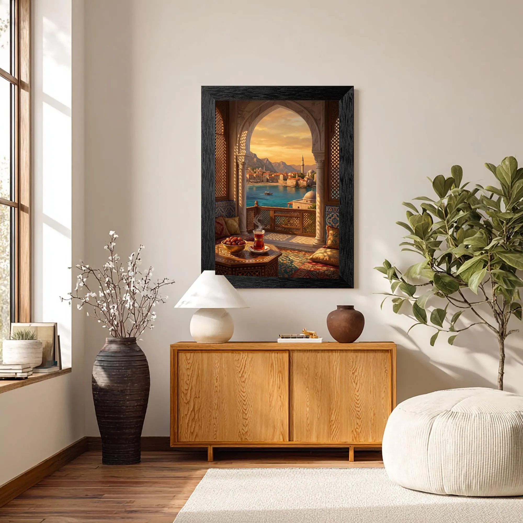 Moroccan Terrace Canvas Art, Sunset Sea View Print, Boho Islamic Coastal Decor - image 4