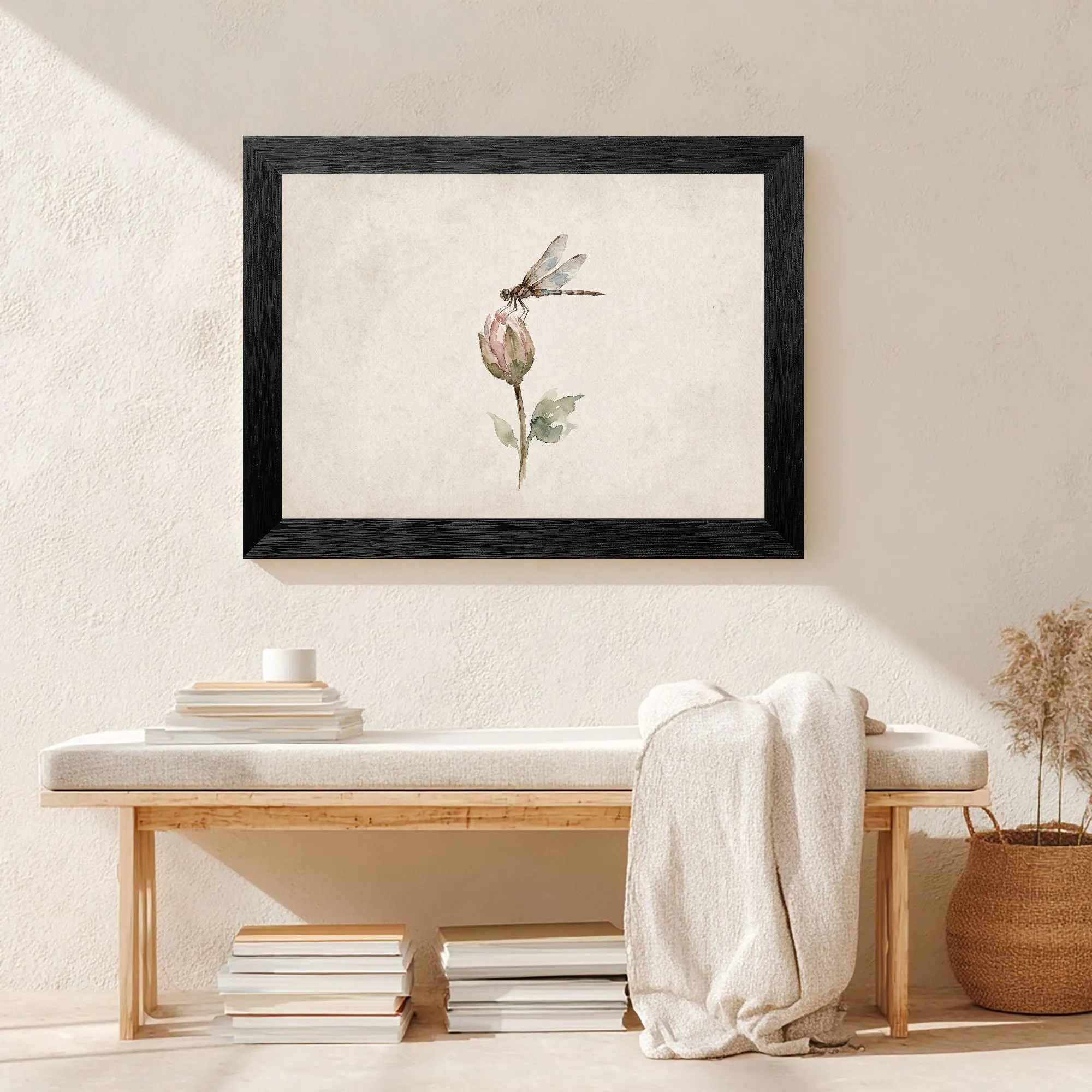 Minimal Dragonfly Flower Bud Canvas Wall Art, Antique Neutral Pond Watercolor Decor Unframed