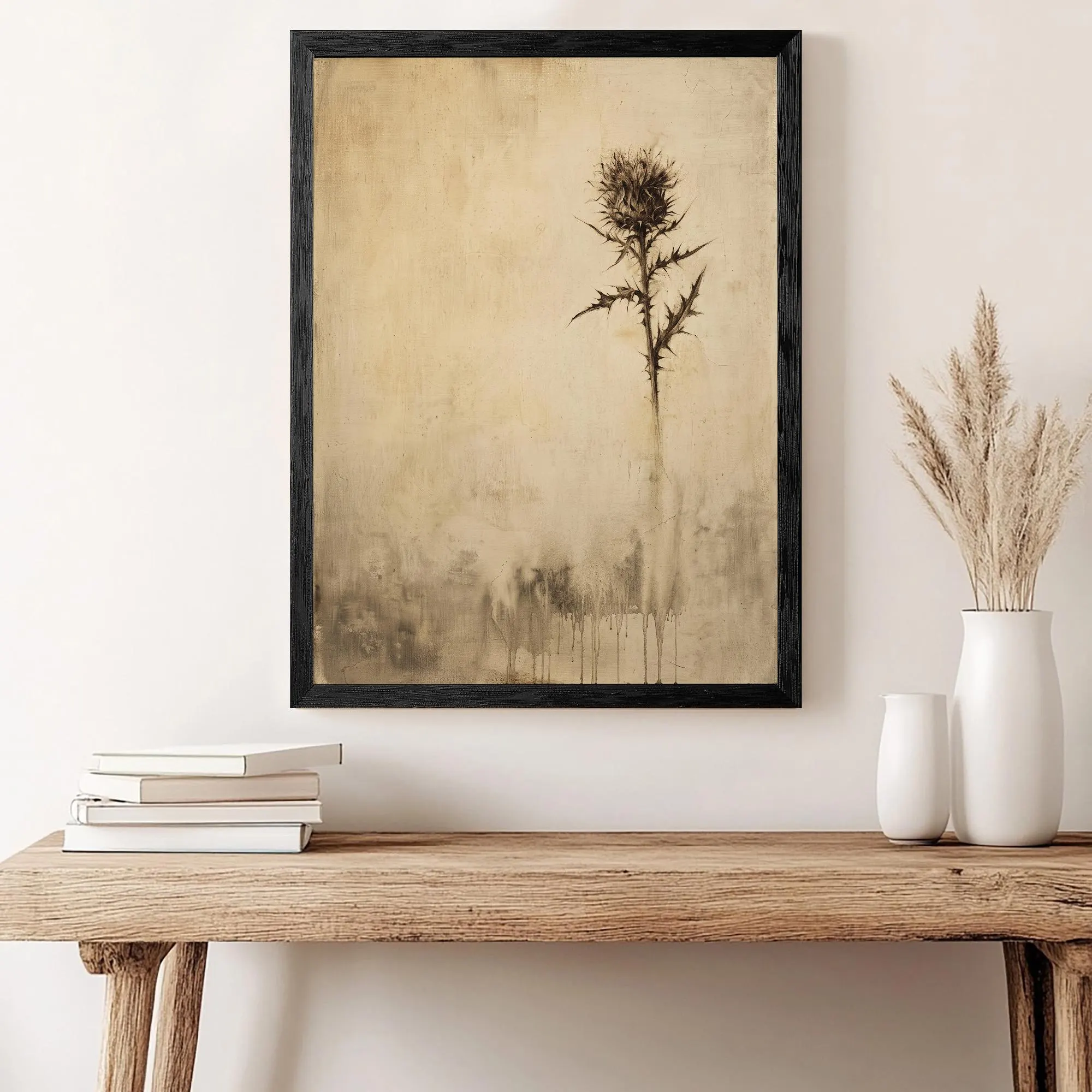 Vintage Botanical Thistle Canvas Print, Sepia Aged Textured Art, Black Frame Rustic Decor