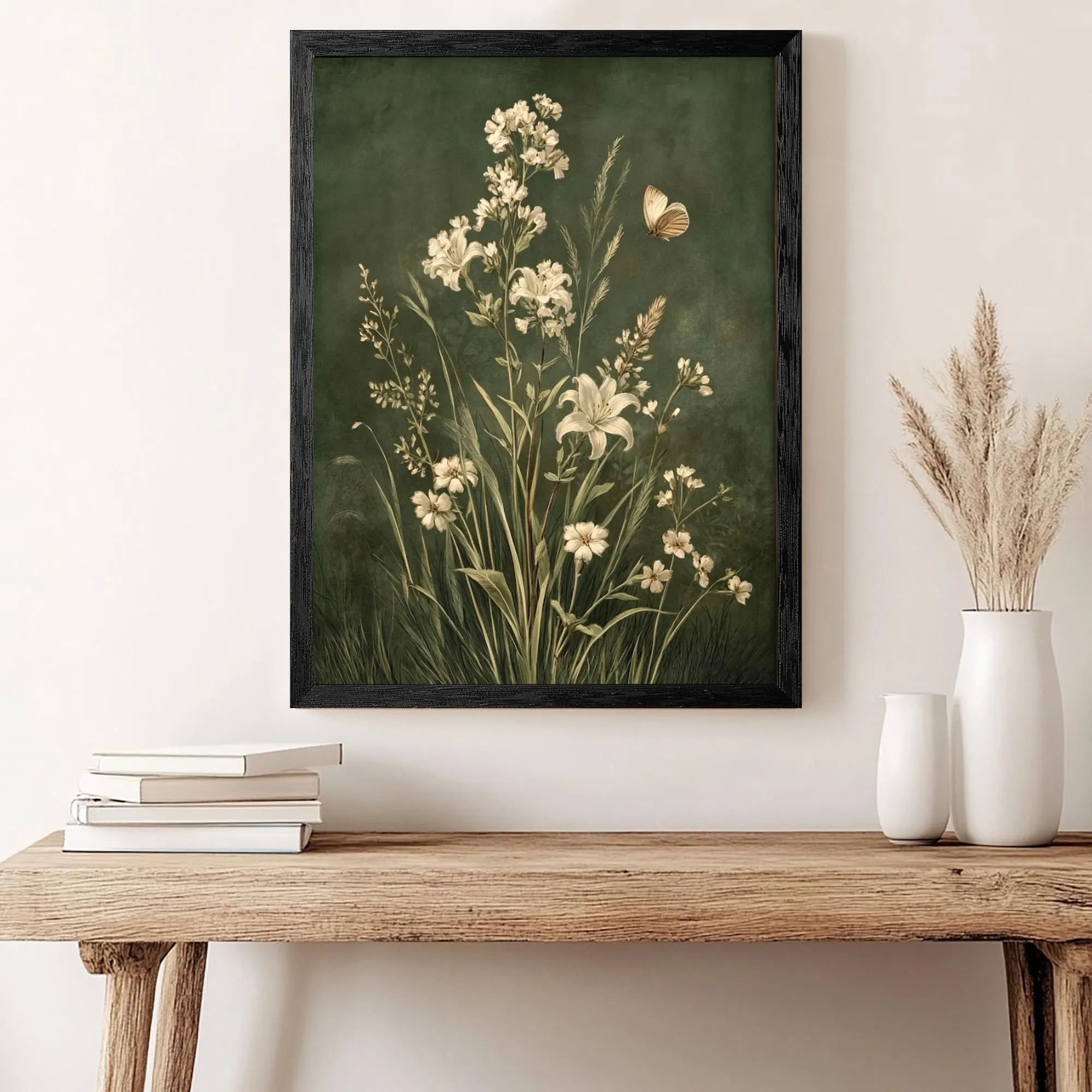 Vintage White Lily Wildflower Canvas Print, Emerald Butterfly Floral Art, Cottagecore Farmhouse Decor