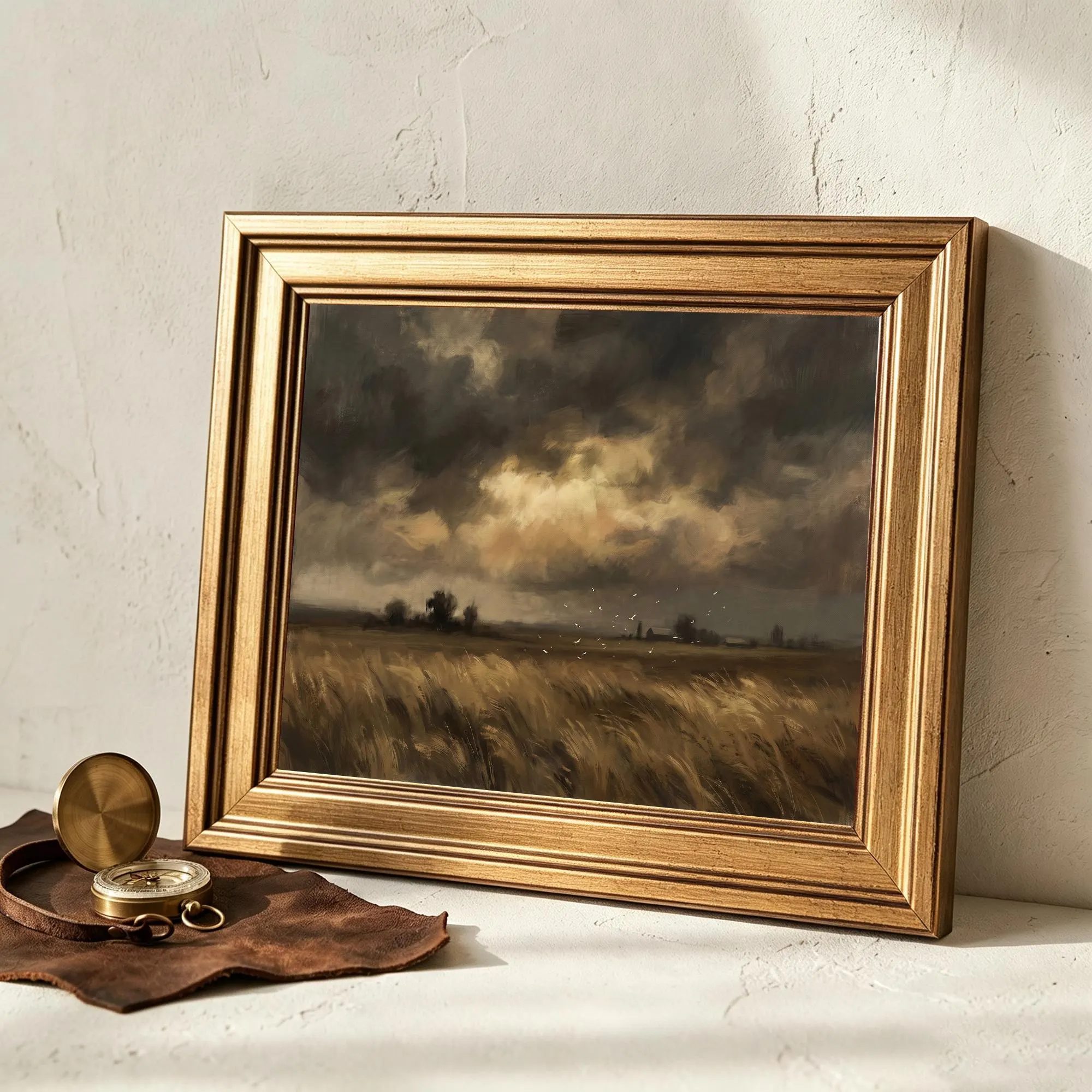 Gold Framed Stormy Wheat Field, Dark Vintage Oil, Antique Prairie Art - 8x10