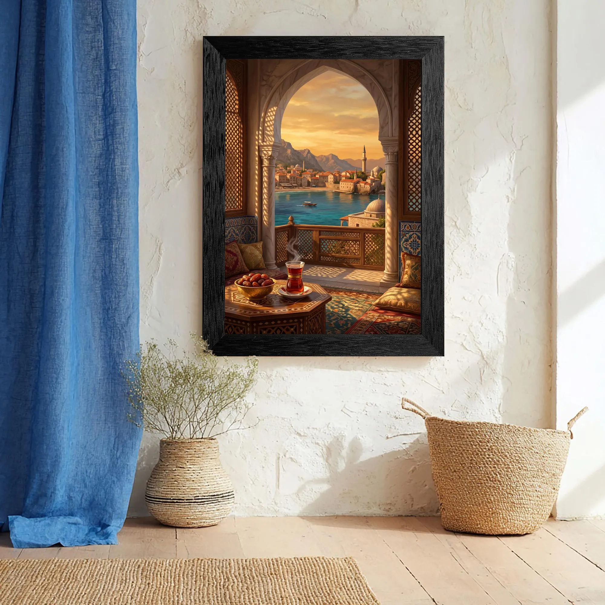Moroccan Terrace Canvas Art, Sunset Sea View Print, Boho Islamic Coastal Decor - image 5