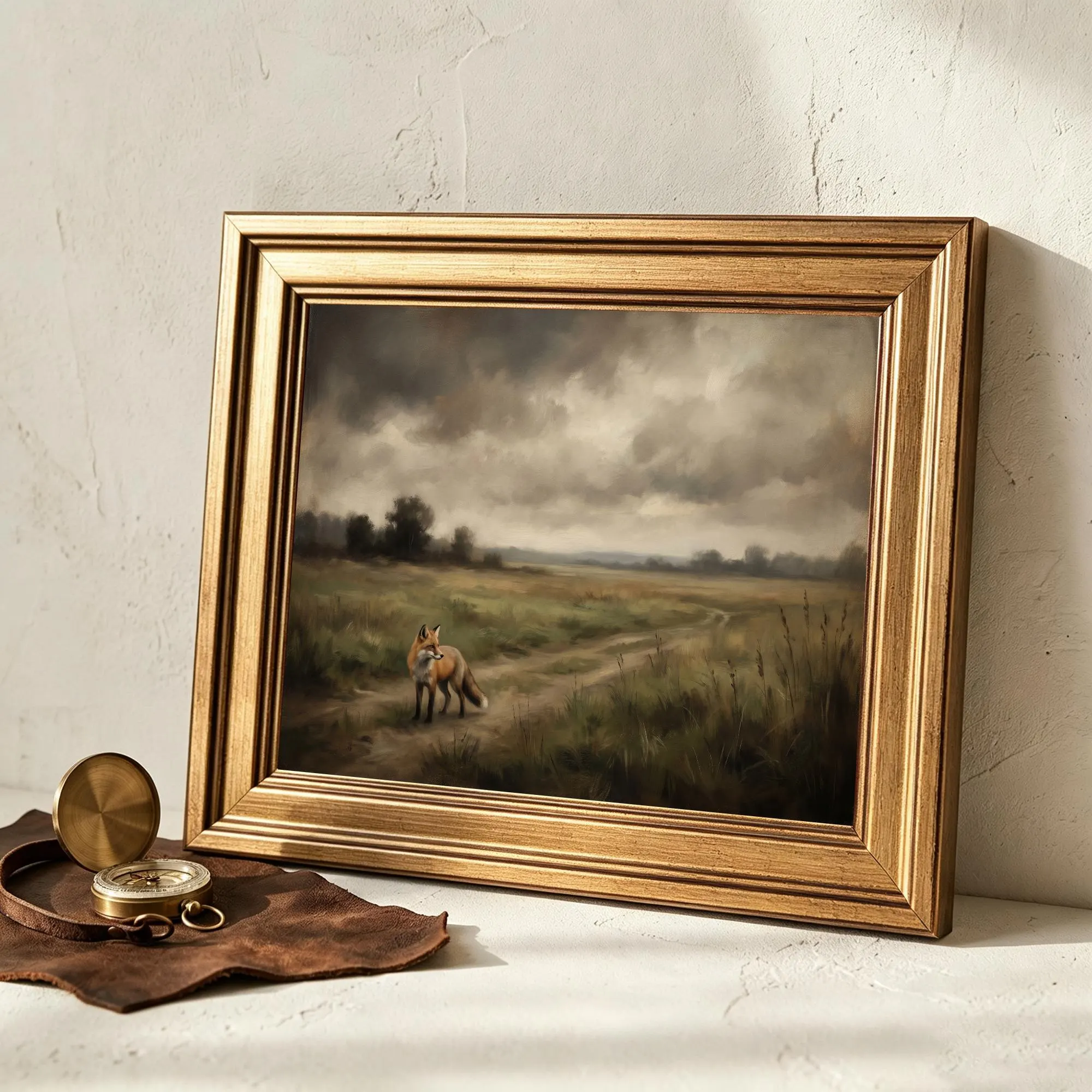 Gold Framed Red Fox Moorland, Dark Vintage Wildlife Oil, Stormy Country Art - 8x10