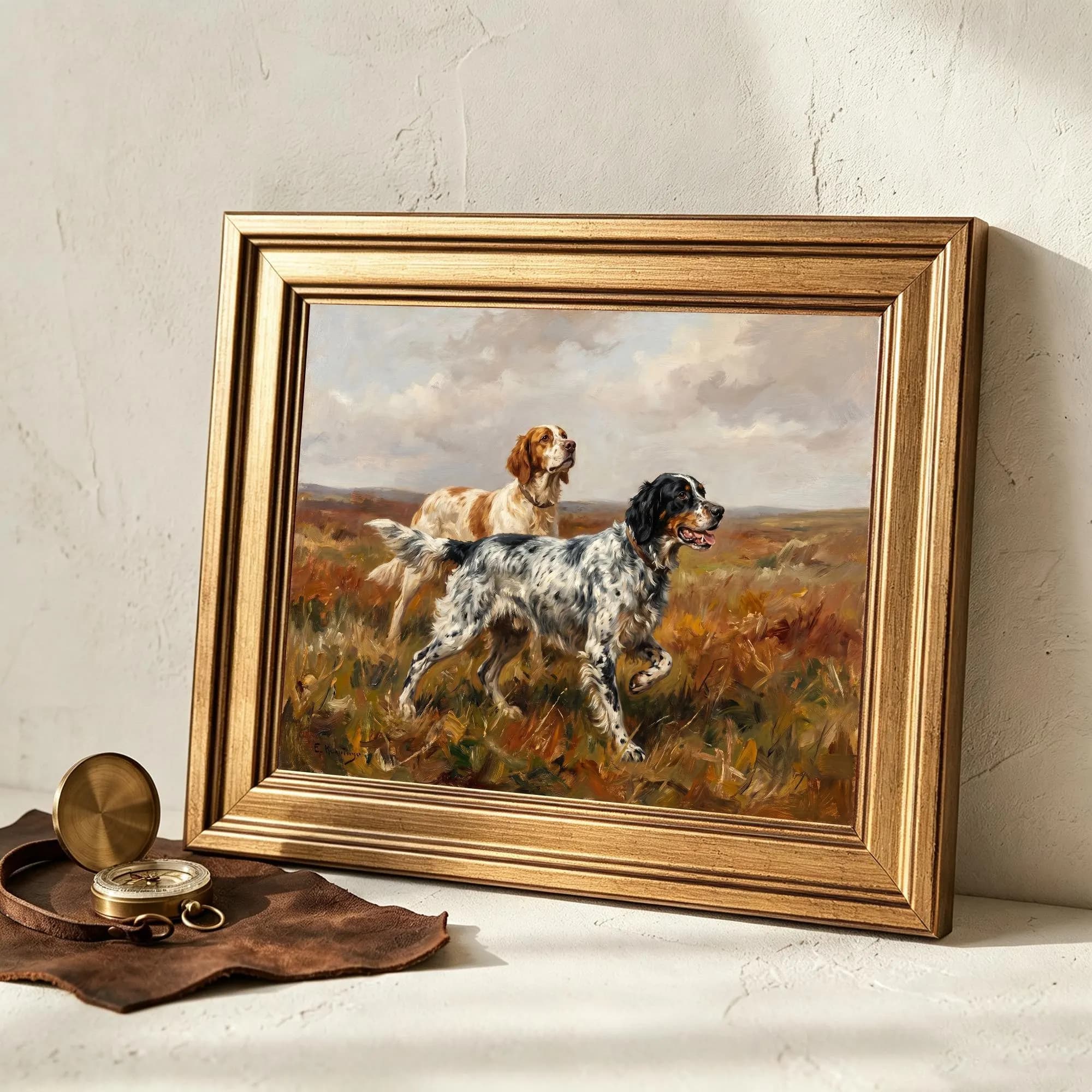 Gold Framed English Setter Moorland, Vintage Hunting Oil, Autumn Landscape Art - 8x10