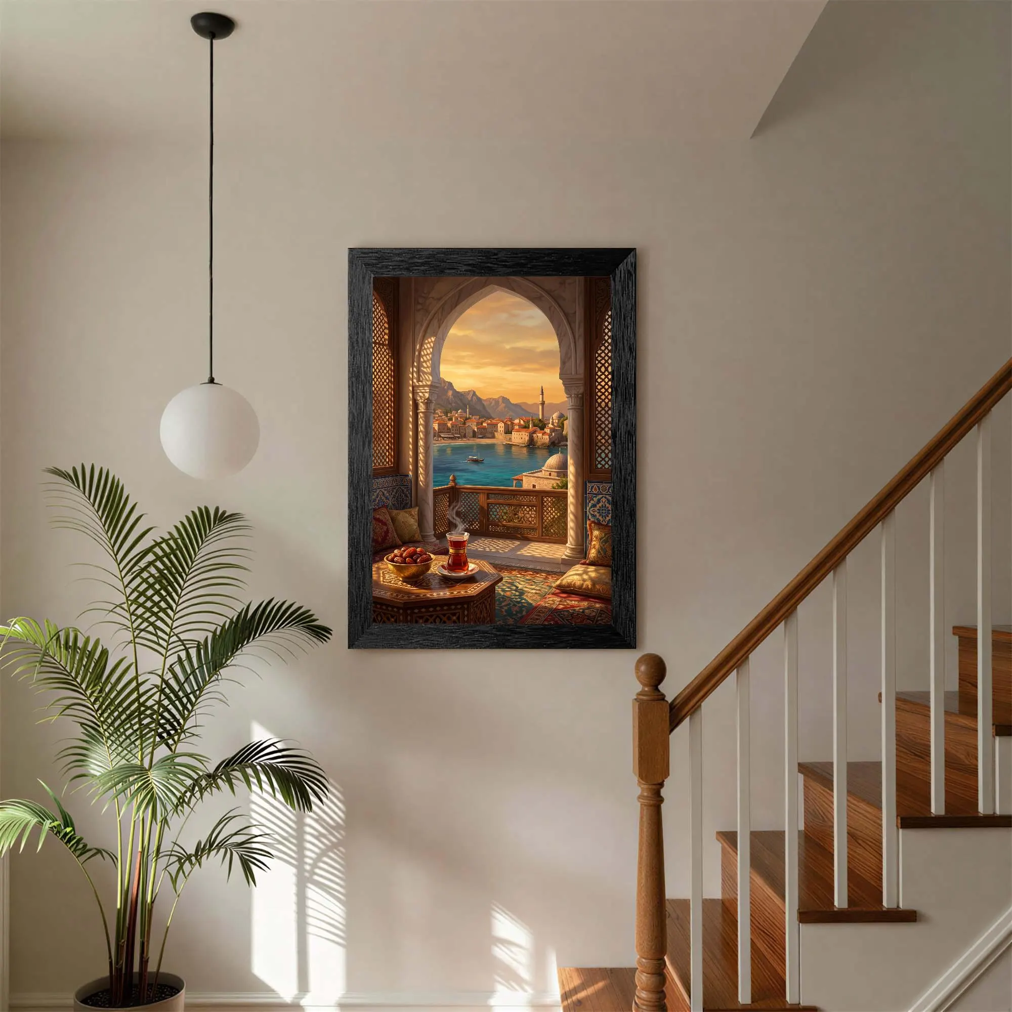 Moroccan Terrace Canvas Art, Sunset Sea View Print, Boho Islamic Coastal Decor - image 3