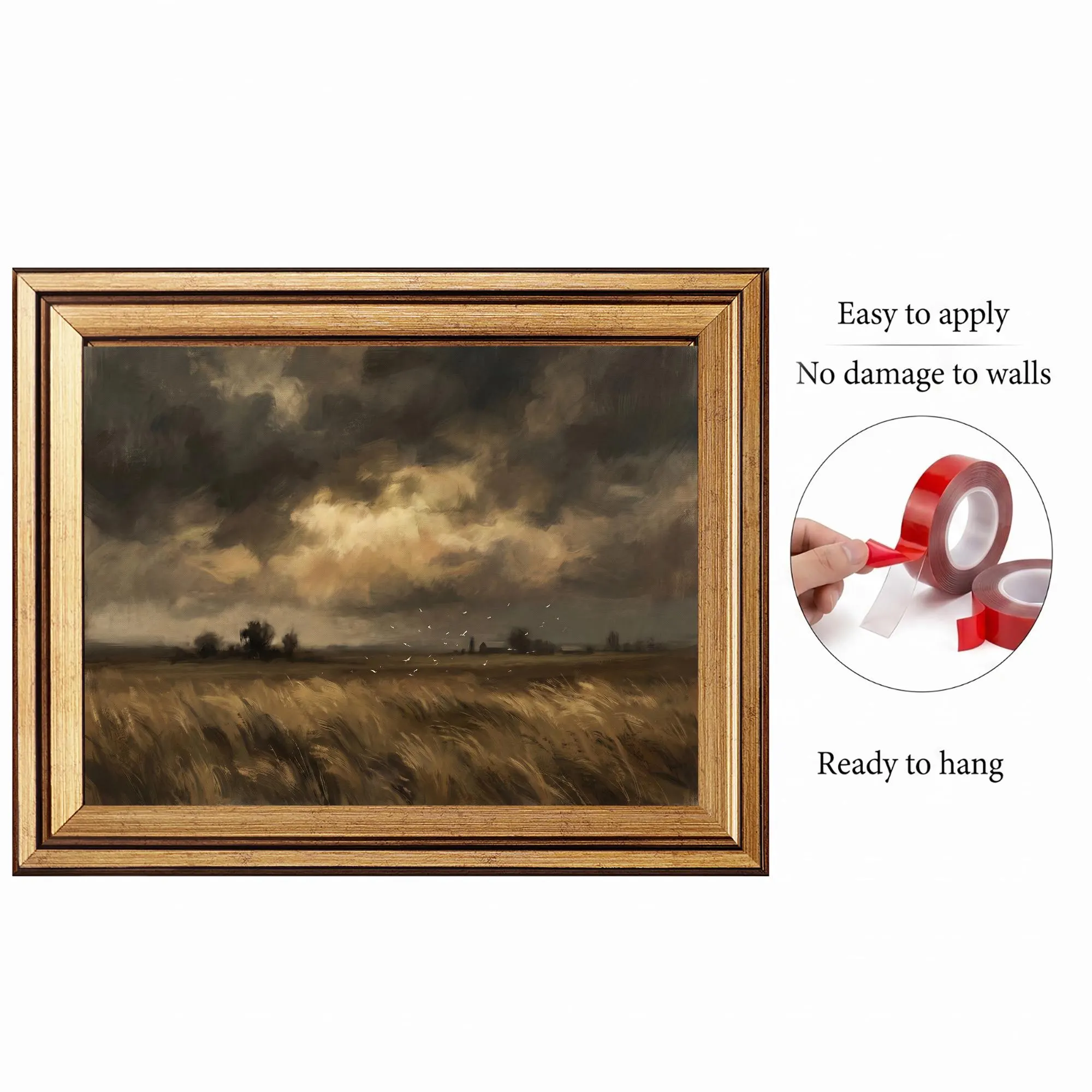 Gold Framed Stormy Wheat Field, Dark Vintage Oil, Antique Prairie Art - 8x10 - image 3