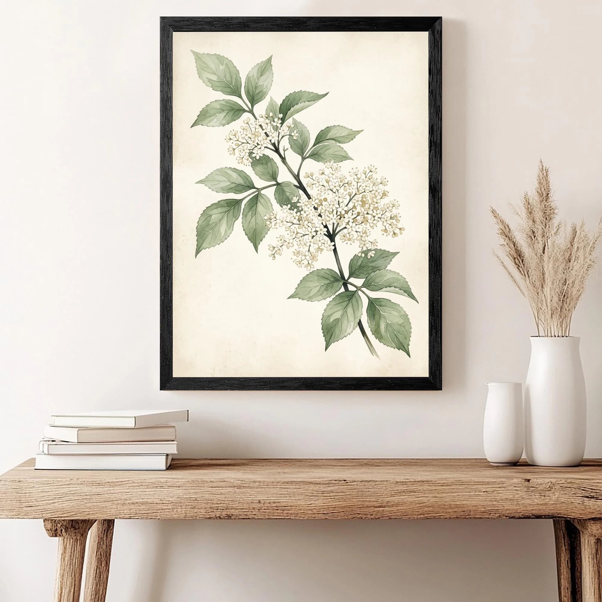 Vintage Elderflower Botanical Watercolor Print, Antique Minimal Plant Wall Decor