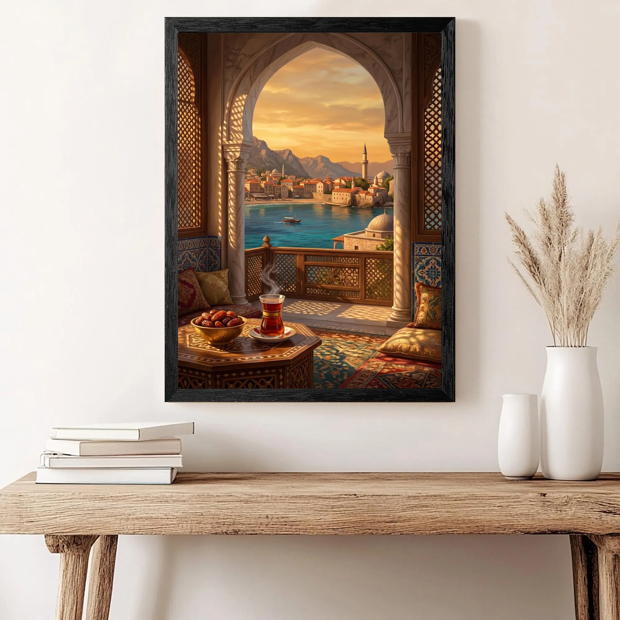 Moroccan Terrace Canvas Art, Sunset Sea View Print, Boho Islamic Coastal Decor
