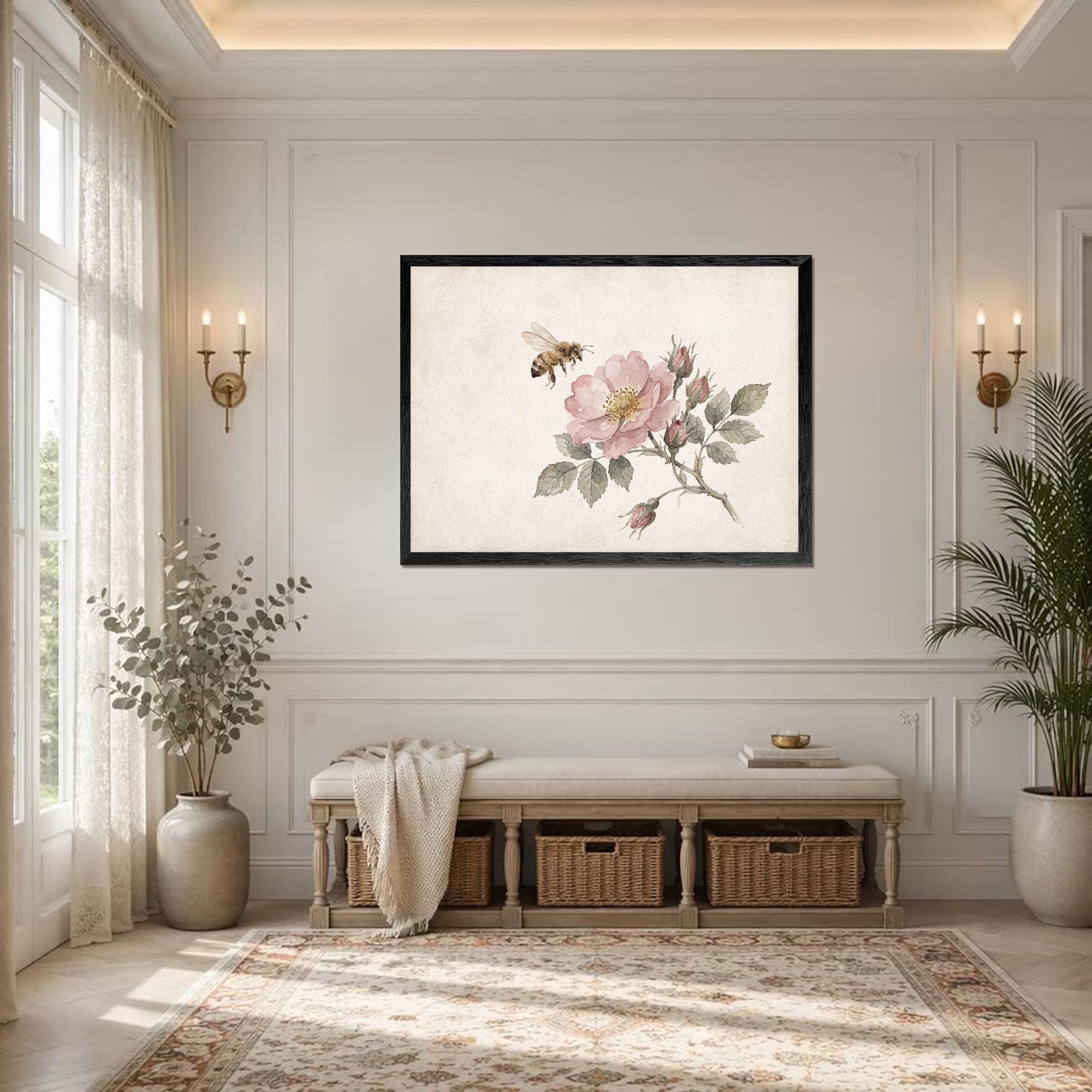 Antique Paper Pink Rose Bee Canvas Wall Art, Minimal Garden Floral Watercolor Decor Unframed - image 4