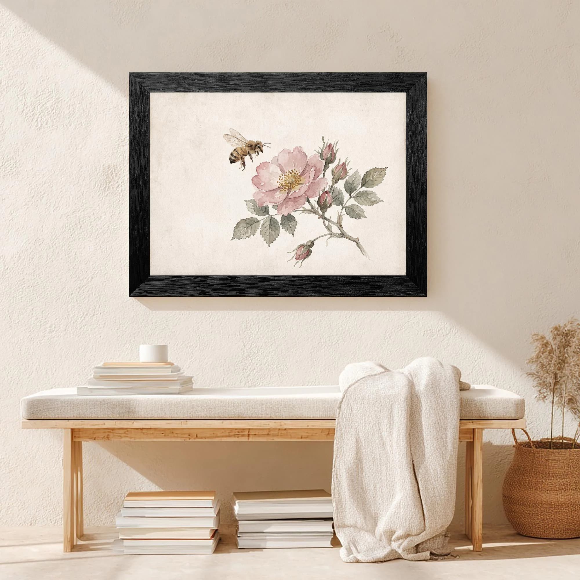Antique Paper Pink Rose Bee Canvas Wall Art, Minimal Garden Floral Watercolor Decor Unframed