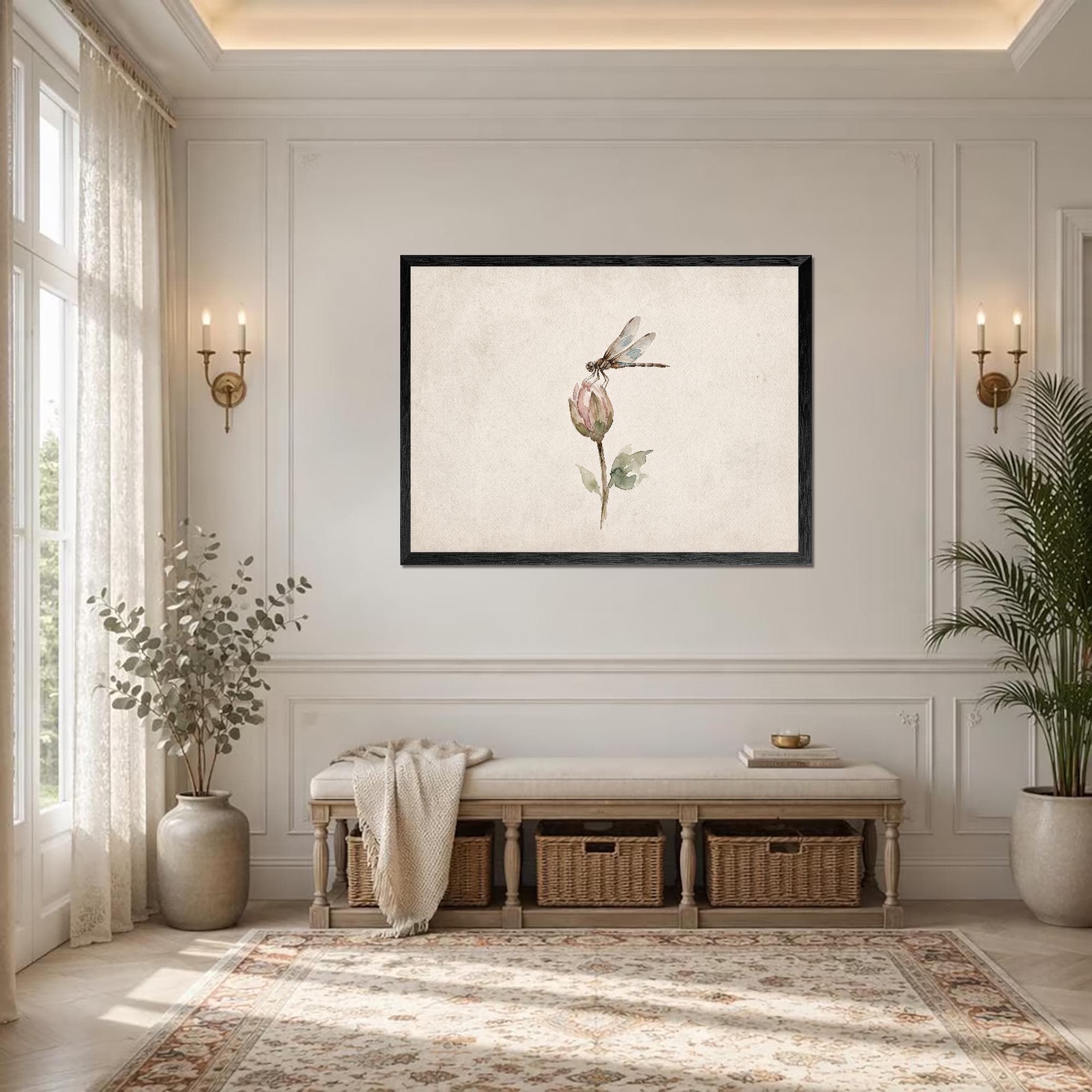 Minimal Dragonfly Flower Bud Canvas Wall Art, Antique Neutral Pond Watercolor Decor Unframed - image 4