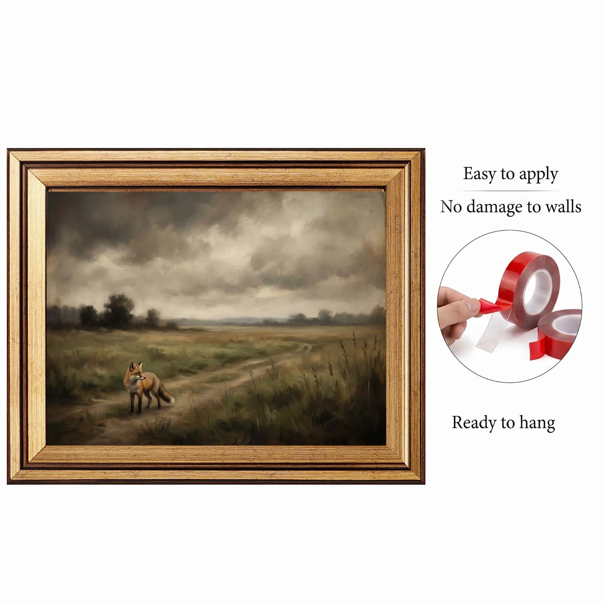 Gold Framed Red Fox Moorland, Dark Vintage Wildlife Oil, Stormy Country Art - 8x10 - image 3