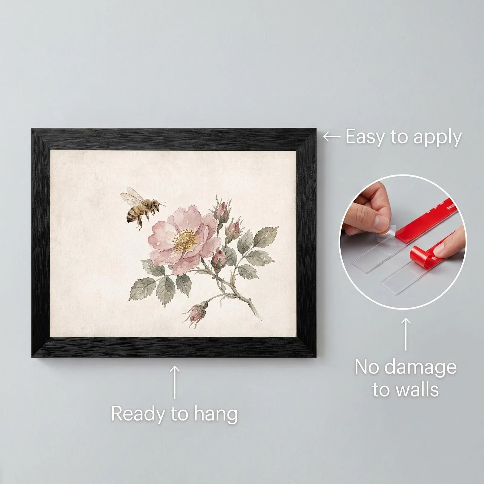 Antique Paper Pink Rose Bee Canvas Wall Art, Minimal Garden Floral Watercolor Decor Unframed - image 3