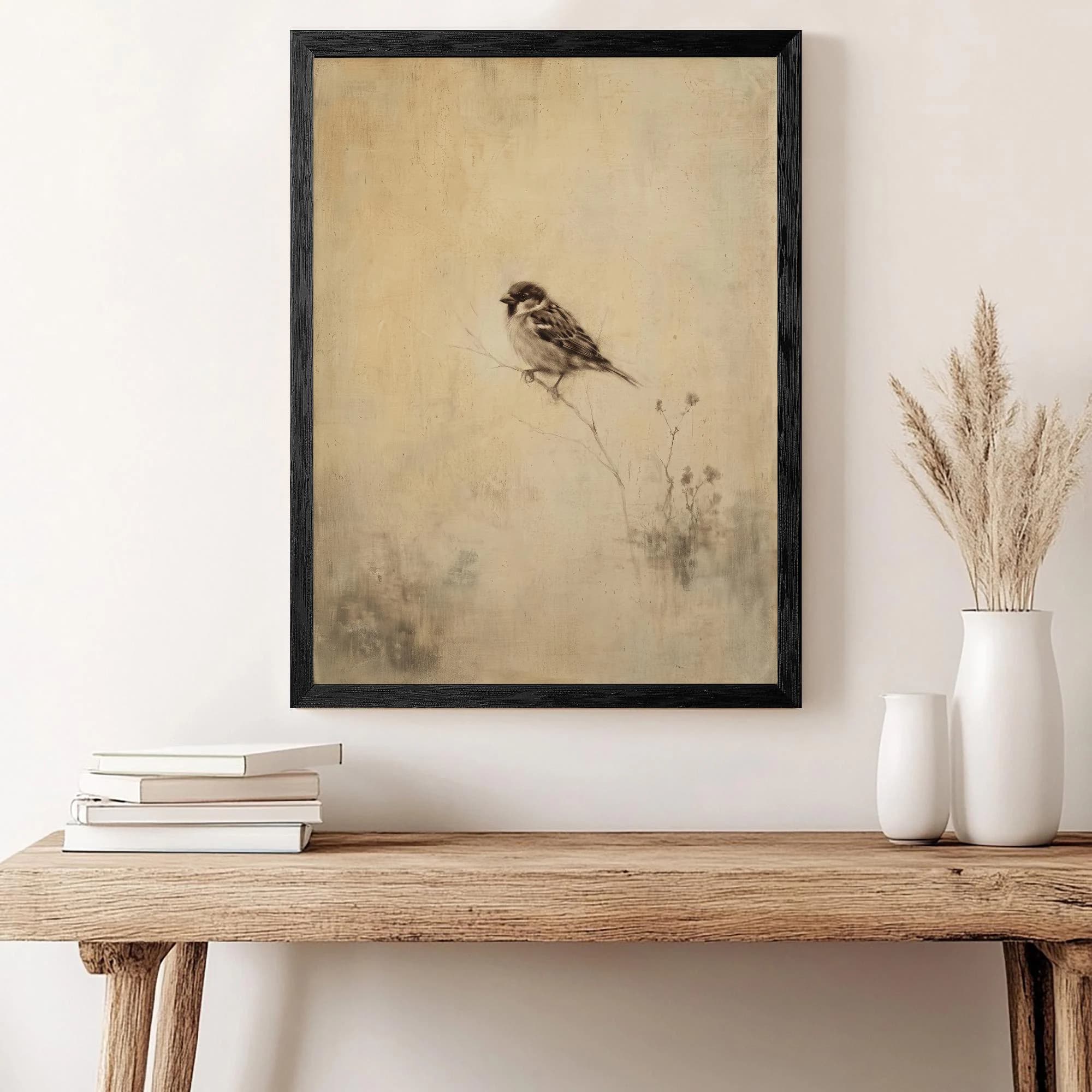 Sepia Sparrow Oil Painting, Textured Bird Art, Rustic Living Room Decor (Framed Canvas)