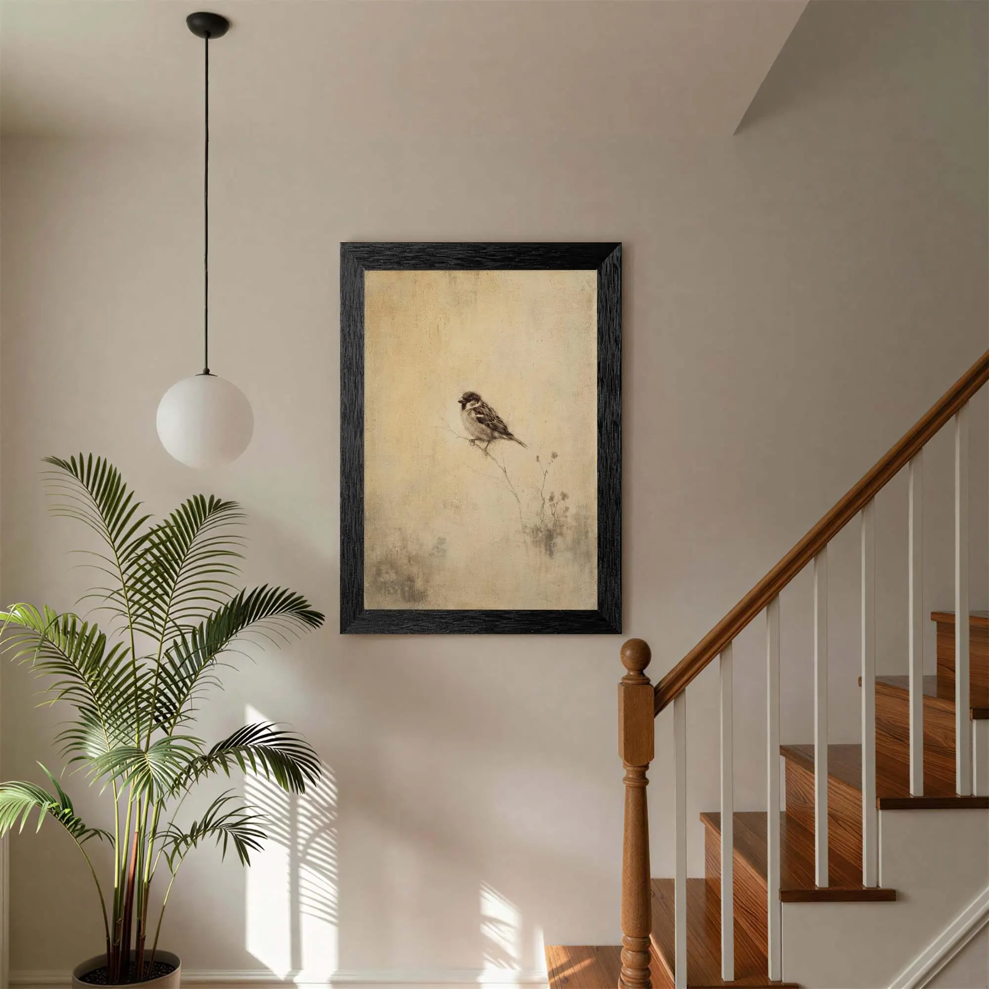 Sepia Sparrow Oil Painting, Textured Bird Art, Rustic Living Room Decor (Framed Canvas) - image 4
