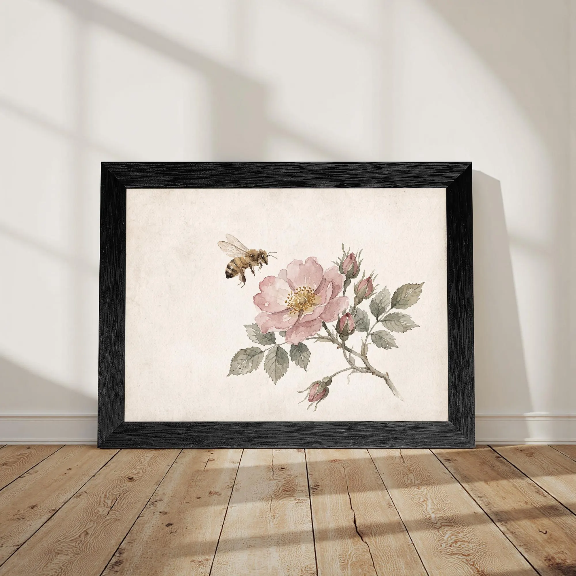 Antique Paper Pink Rose Bee Canvas Wall Art, Minimal Garden Floral Watercolor Decor Unframed - image 5