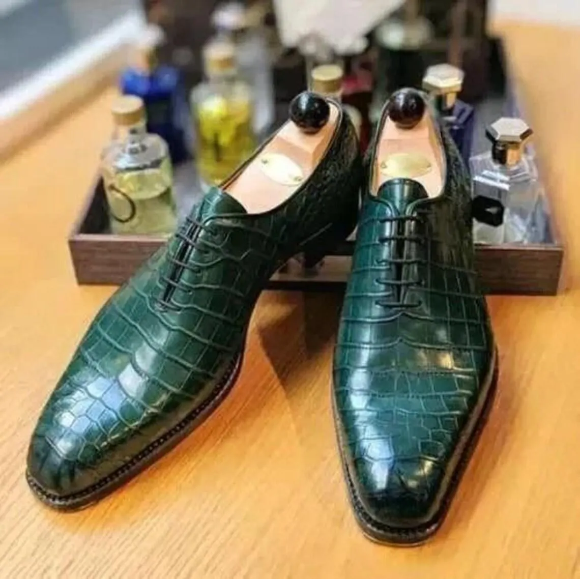 Men's Green Croc Embossed Leather Oxford Shoes, Handmade Luxury Dress Shoes, Wedding Groom Formal Shoes, Custom Leather Footwear - image 5