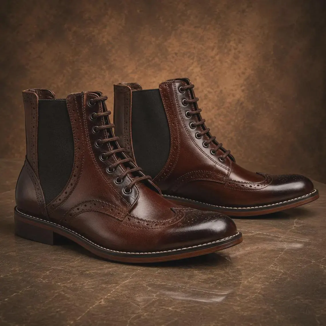 Men's Handmade Brown Leather Wingtip Chelsea Boots – Genuine Leather Lace-Up Dress Boots – Brogue Ankle Boots Custom Footwear - image 5