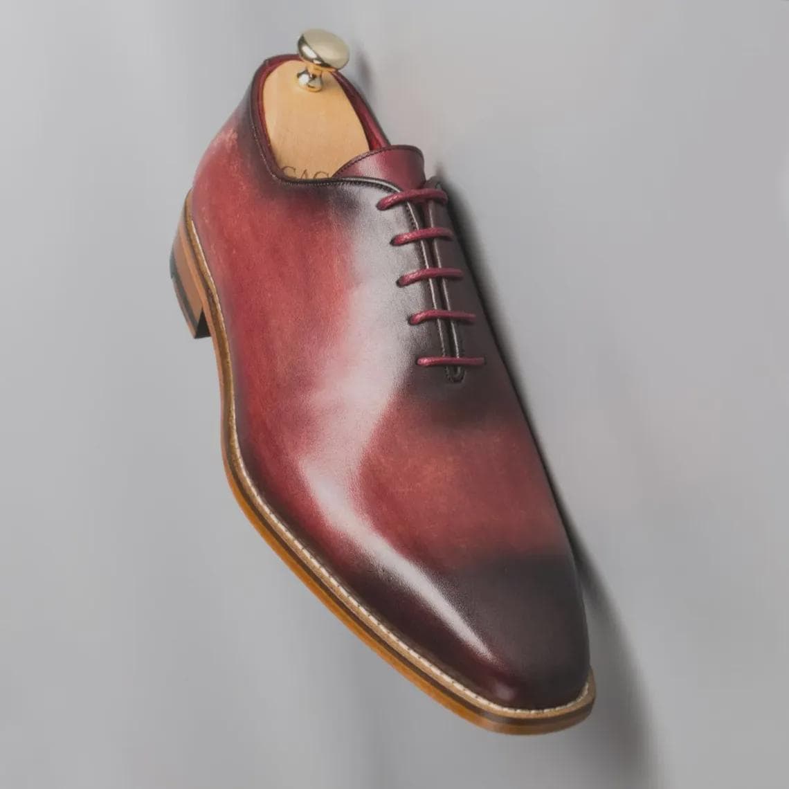 Men’s Burgundy Leather Dress Shoes, Handmade Patina Calfskin Oxford Shoes, Luxury Formal Wedding Shoes, Classic Lace Up Footwear - image 4
