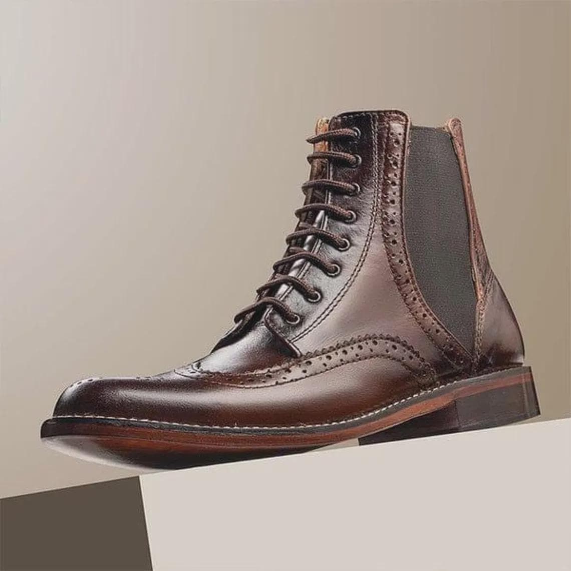 Men's Handmade Brown Leather Wingtip Chelsea Boots – Genuine Leather Lace-Up Dress Boots – Brogue Ankle Boots Custom Footwear - image 3