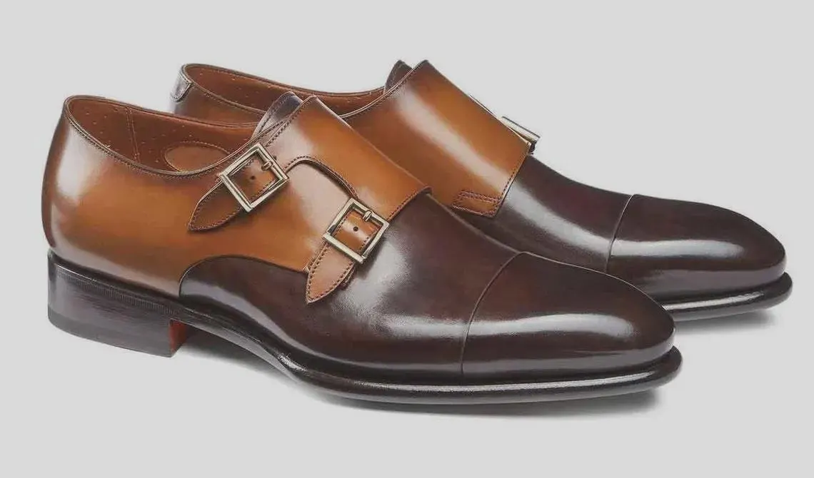Brown Two Tone Double Monk Strap Shoes for Men – Handmade Leather Cap Toe Dress Shoes – Formal Wedding & Business Footwear - image 3