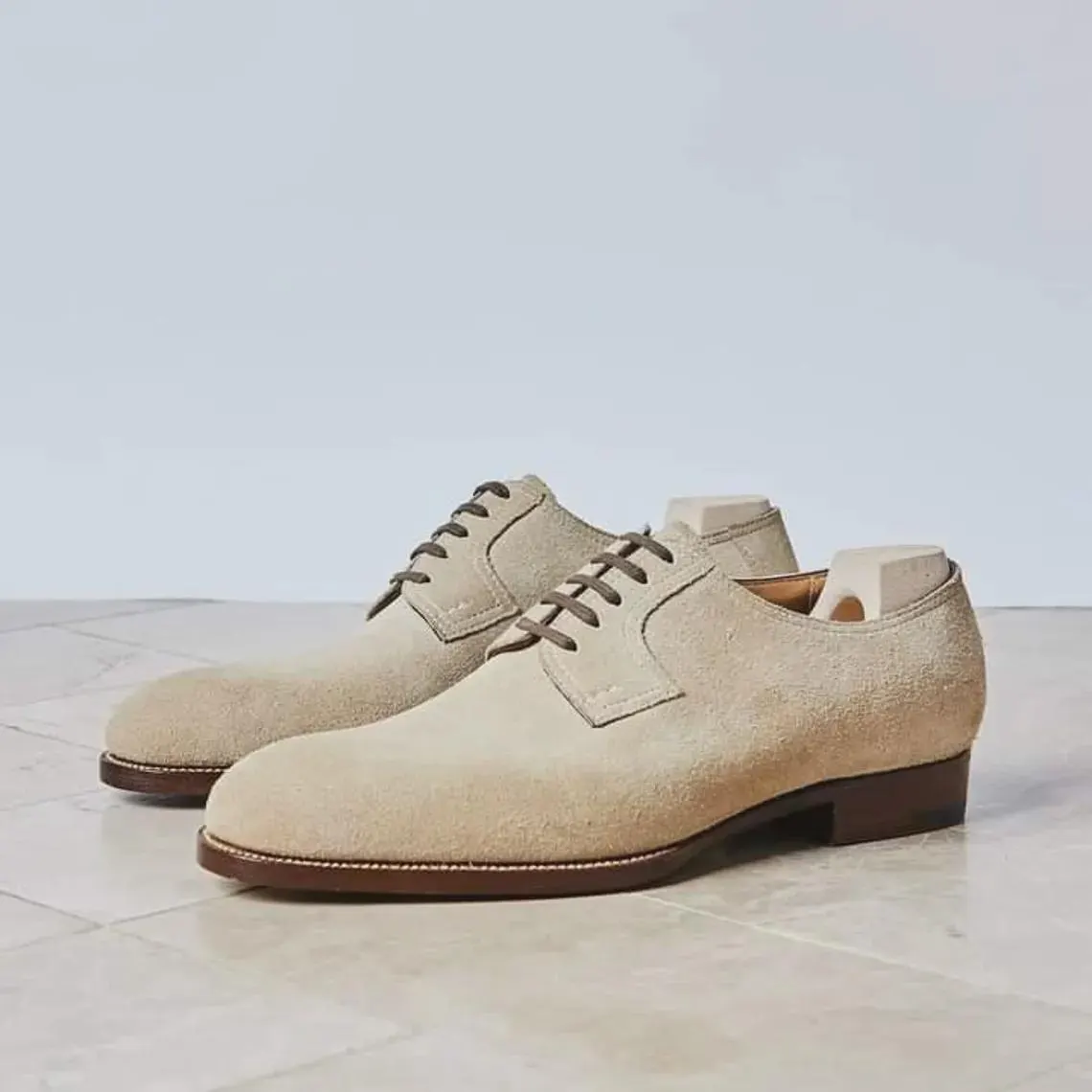 Men's Beige Suede Derby Shoes | Handmade Leather Plain Toe Dress Shoes | Luxury Formal Wedding Footwear | Casual Office Shoes - image 3