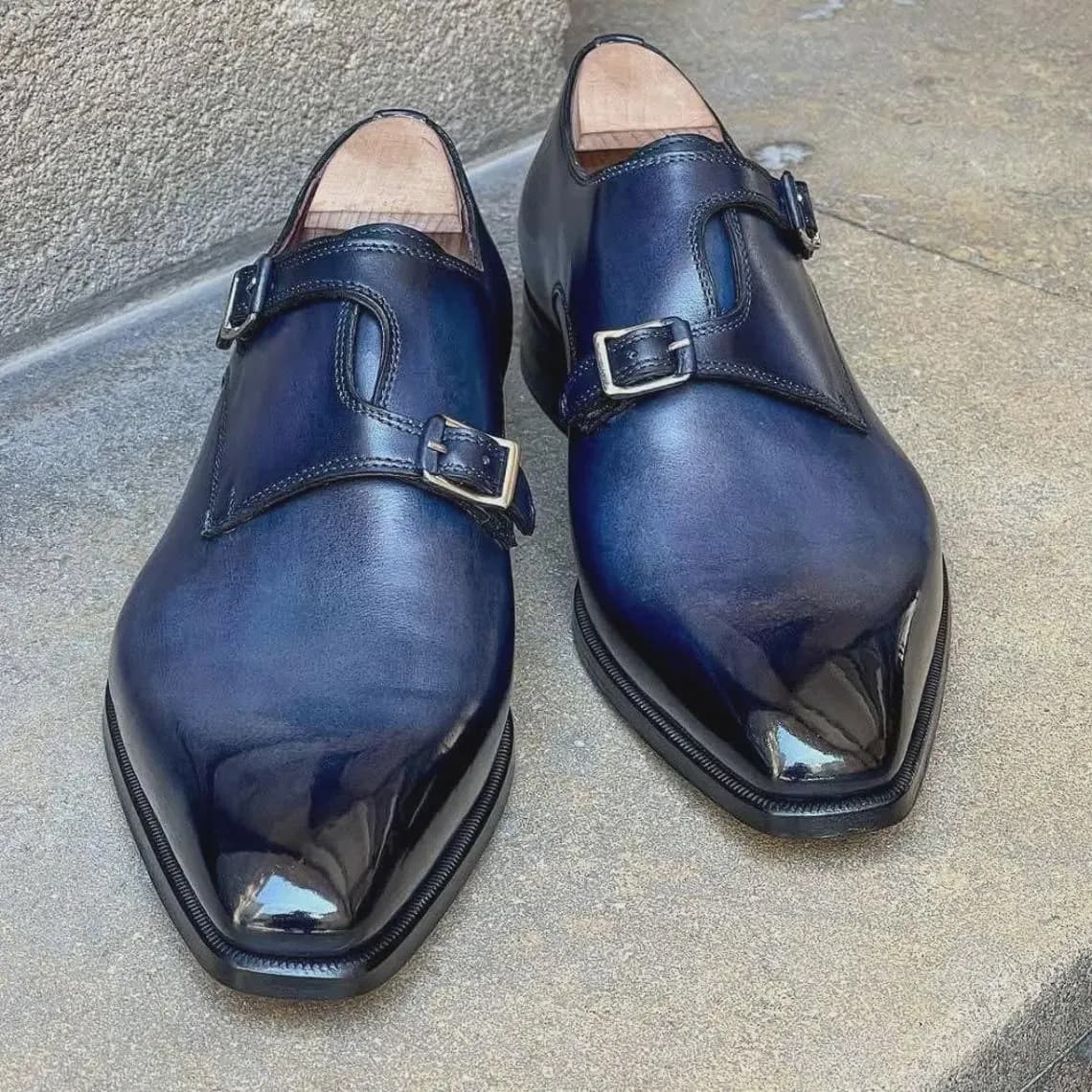 Men's Navy Blue Double Monk Strap Dress Shoes | Handmade Leather Formal Shoes | Luxury Wedding Groom Footwear - image 3