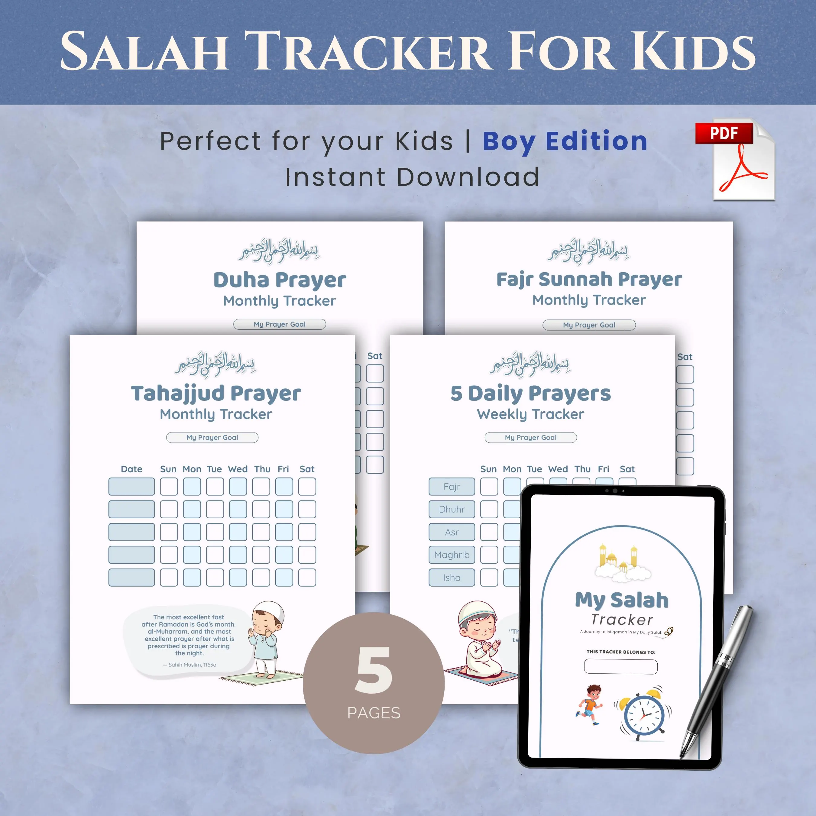 Kids Salah Tracker for Boys | 5 Daily Prayers | Sunnah Prayers | Islamic Prayer Journal | Instant Download