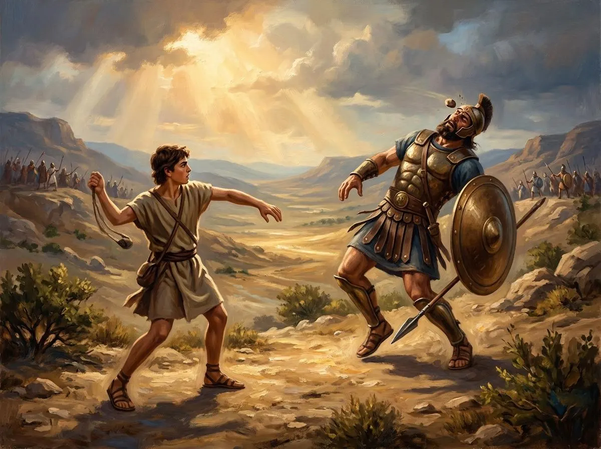 David Defeats Goliath In The Valley Oil Painting | Middle East & Holy Land Wall Art | Handmade Canvas, Made to Order - image 3
