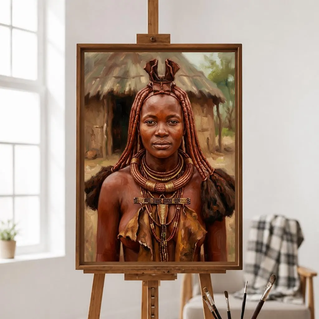 Himba Woman With Ochre Oil Painting | Africa Heritage Wall Art | Handmade Canvas, Made to Order