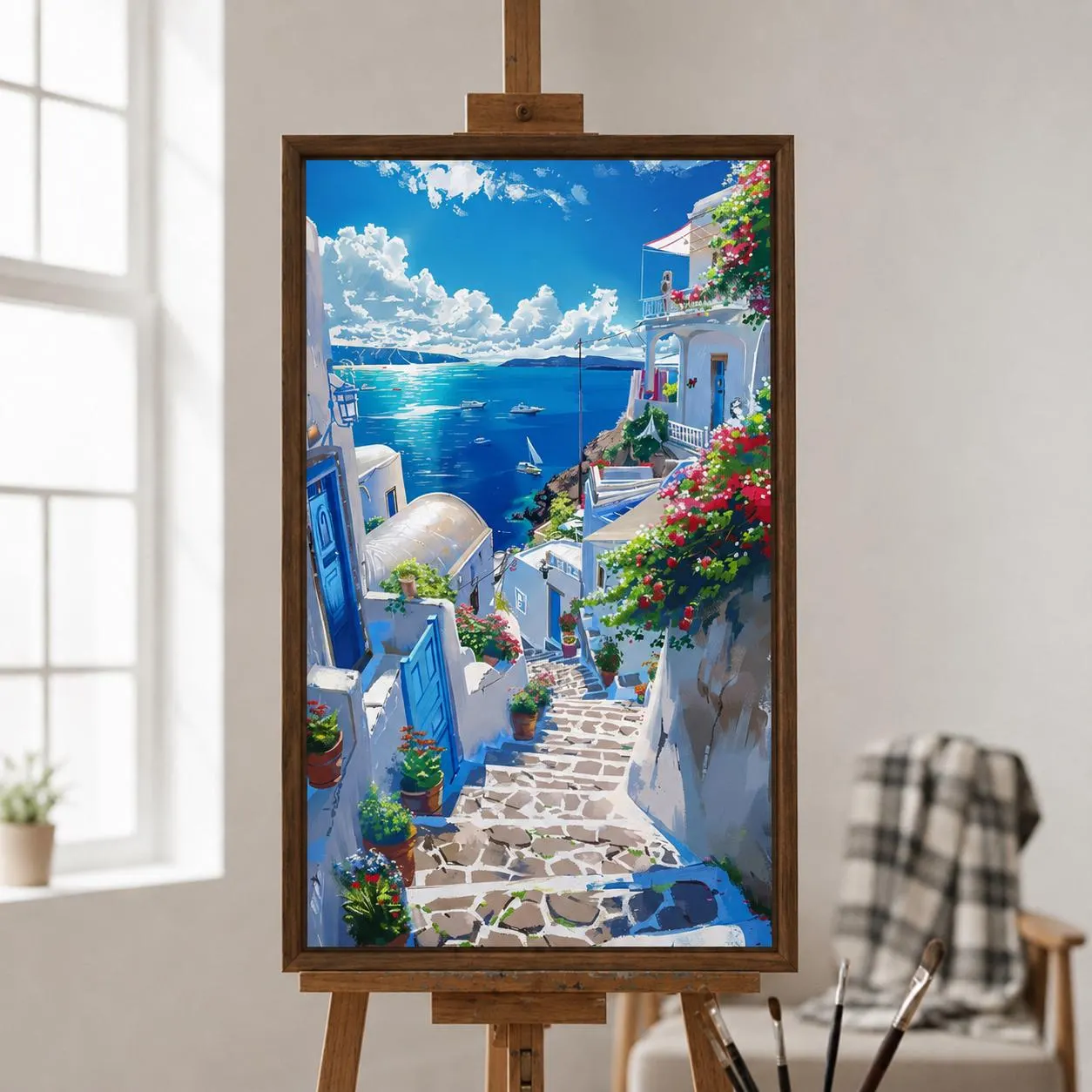 Santorini Greece Oil Painting | Handmade Whitewashed Village Canvas Art | Custom Made to Order