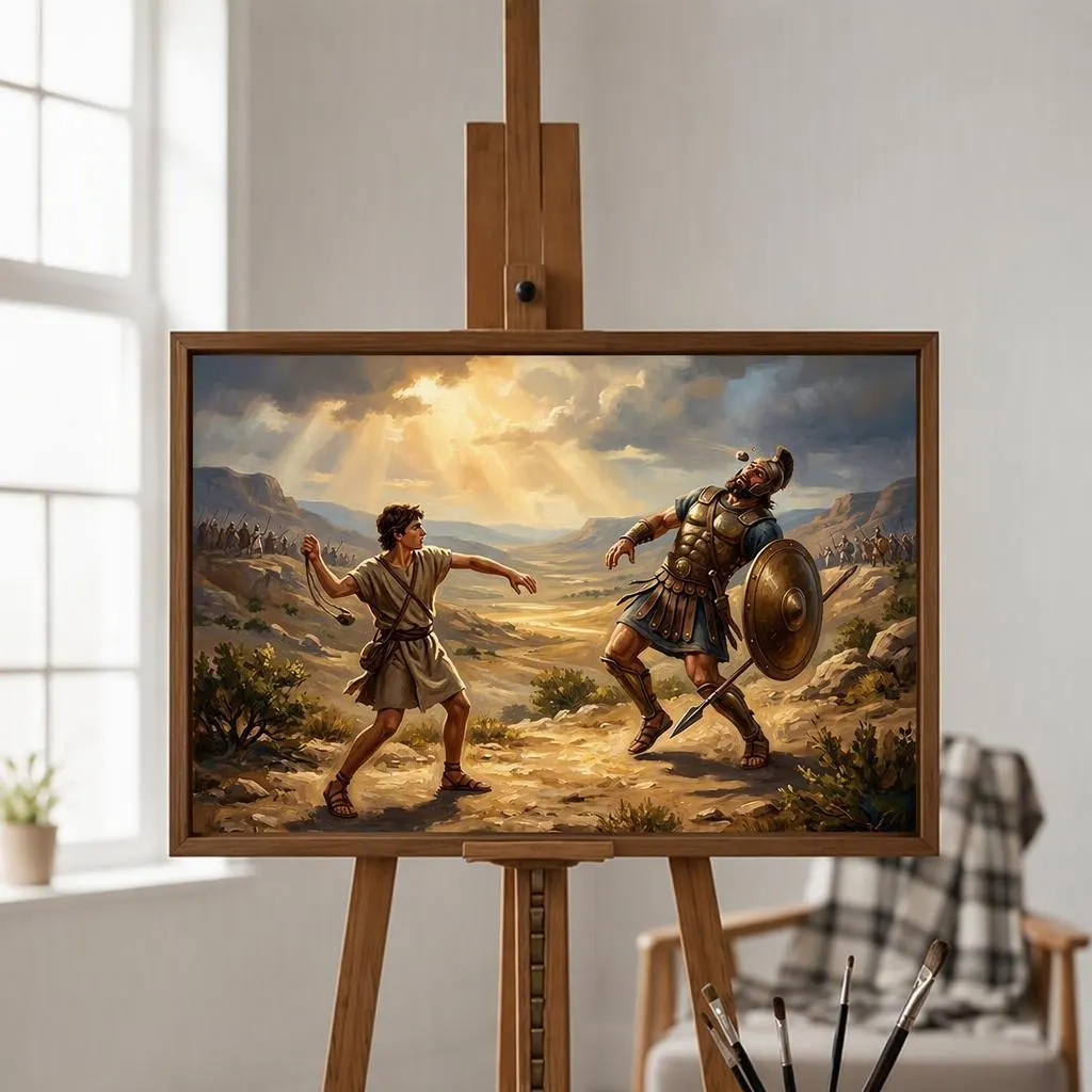 David Defeats Goliath In The Valley Oil Painting | Middle East & Holy Land Wall Art | Handmade Canvas, Made to Order