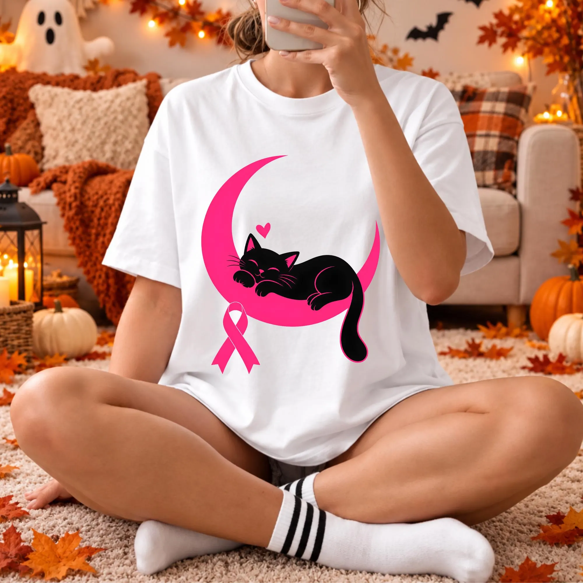 Breast Cancer Awareness PNG: Black Cat Pink Ribbon Moon Cat Lover png Support Survivor Clipart (Digital Download)
