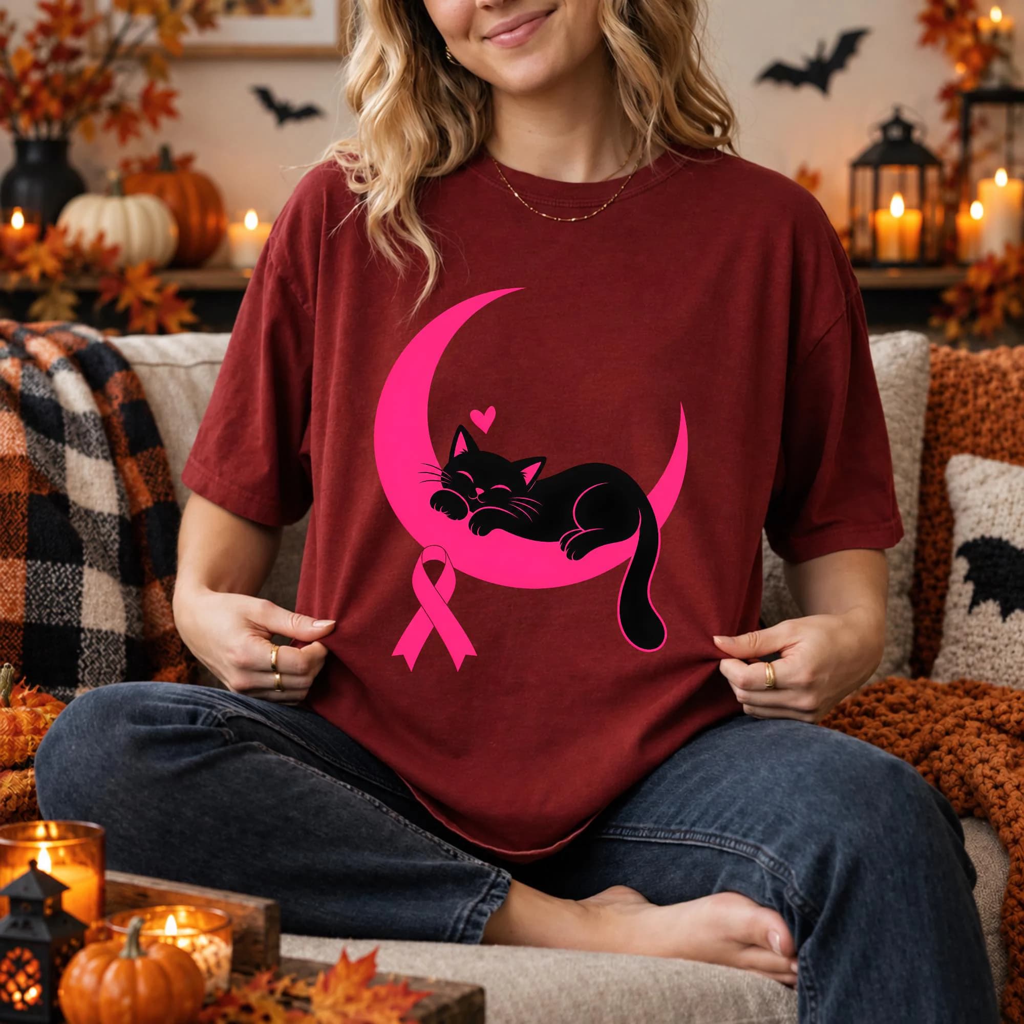 Breast Cancer Awareness PNG: Black Cat Pink Ribbon Moon Cat Lover png Support Survivor Clipart (Digital Download) - image 4