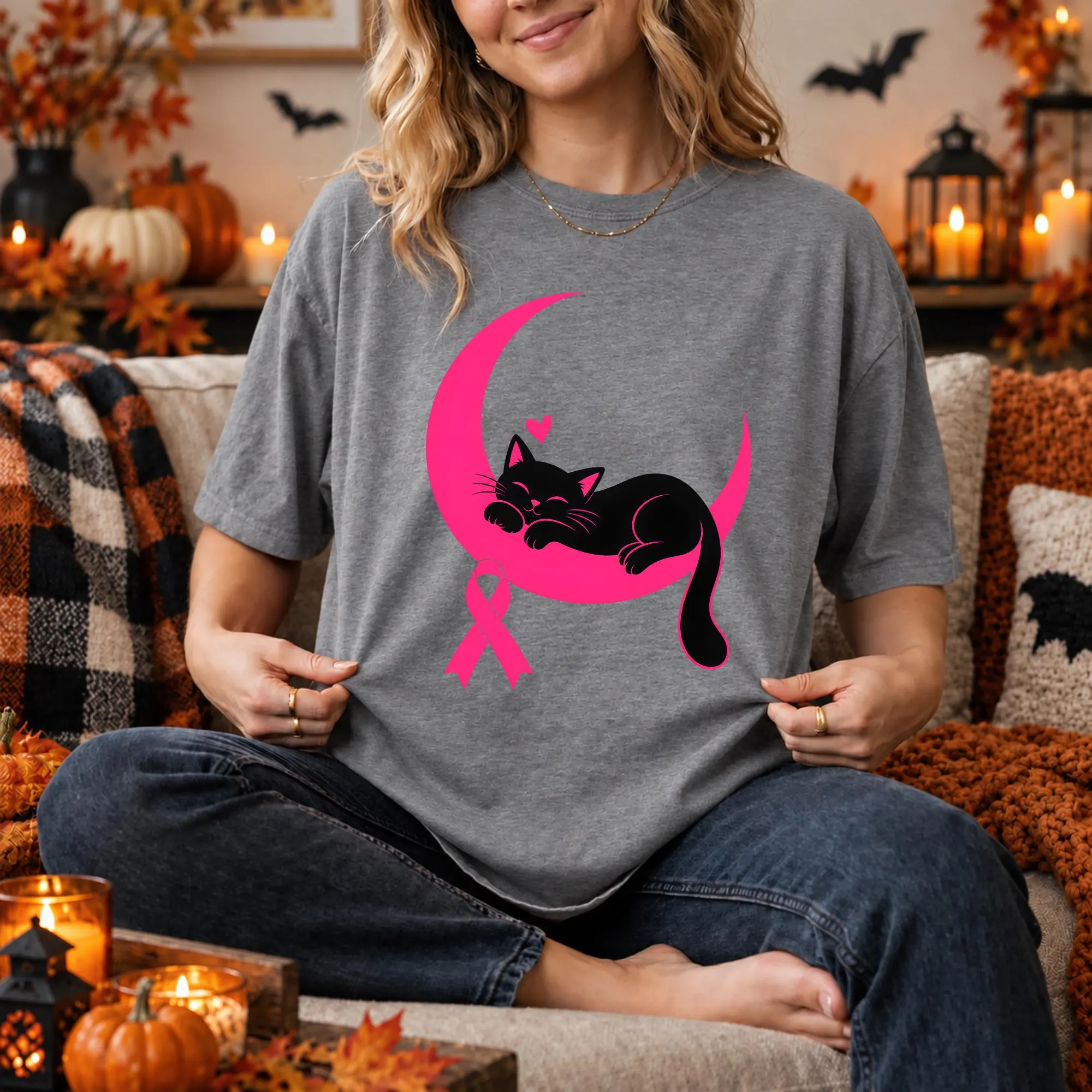 Breast Cancer Awareness PNG: Black Cat Pink Ribbon Moon Cat Lover png Support Survivor Clipart (Digital Download) - image 3
