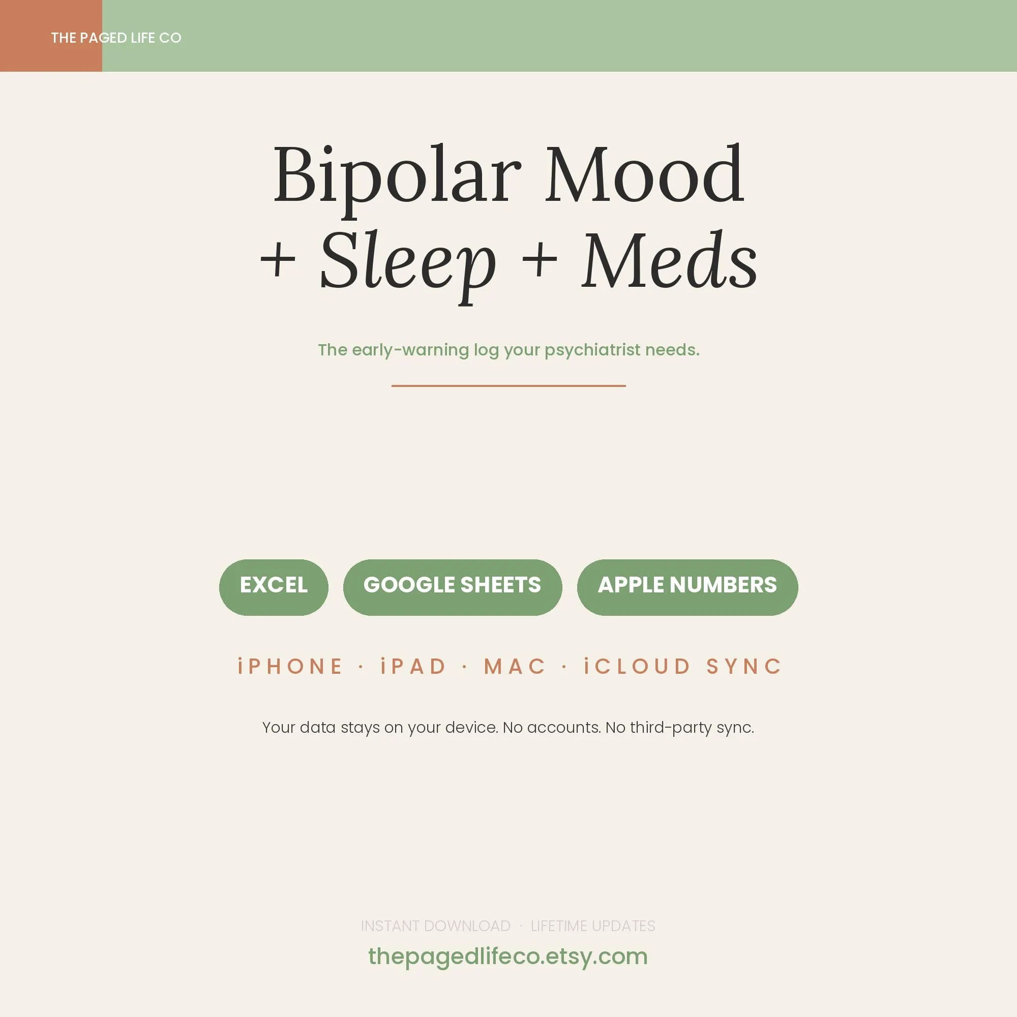 Bipolar Mood Sleep Meds Log Spreadsheet | Phase Shift Tracker | Psychiatry Prep | Apple Numbers Google Sheets Excel | iCloud Sync