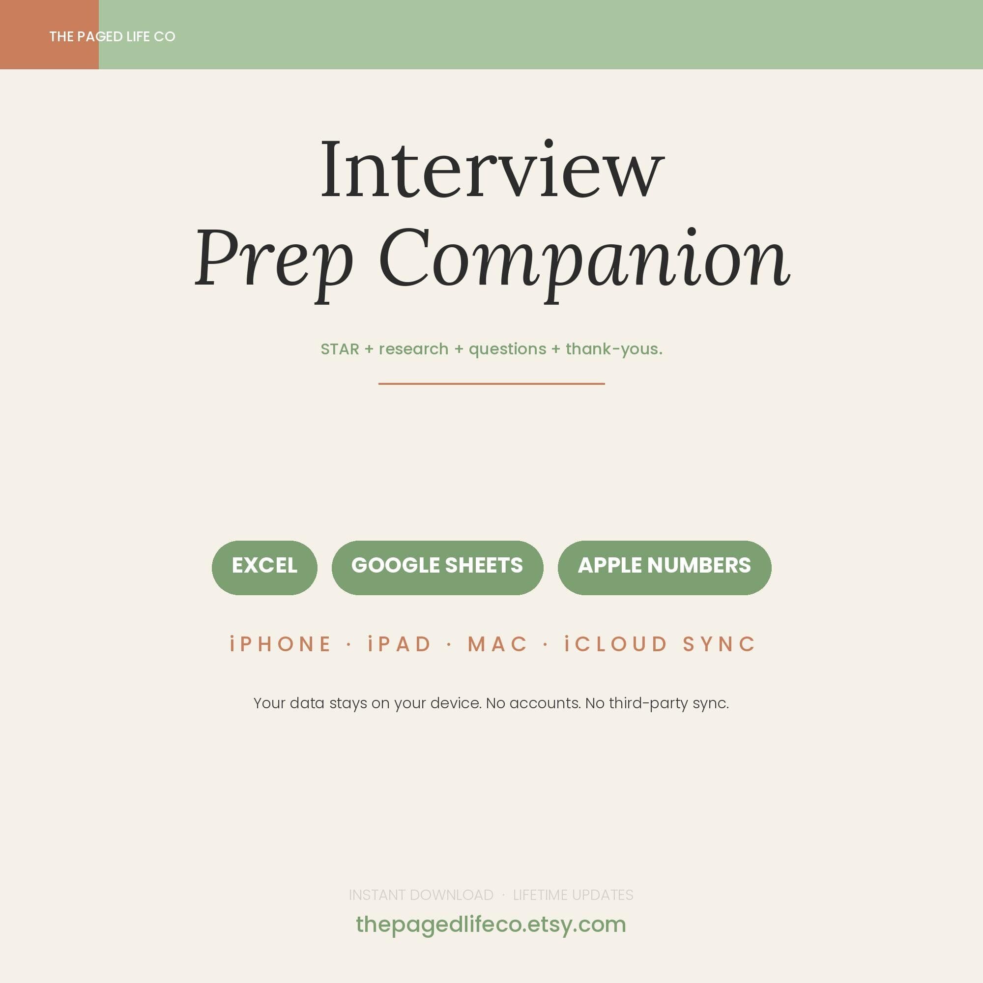 Interview Prep Spreadsheet | STAR Method Question Bank Mock Tracker | Apple Numbers Google Sheets Excel | iCloud Sync
