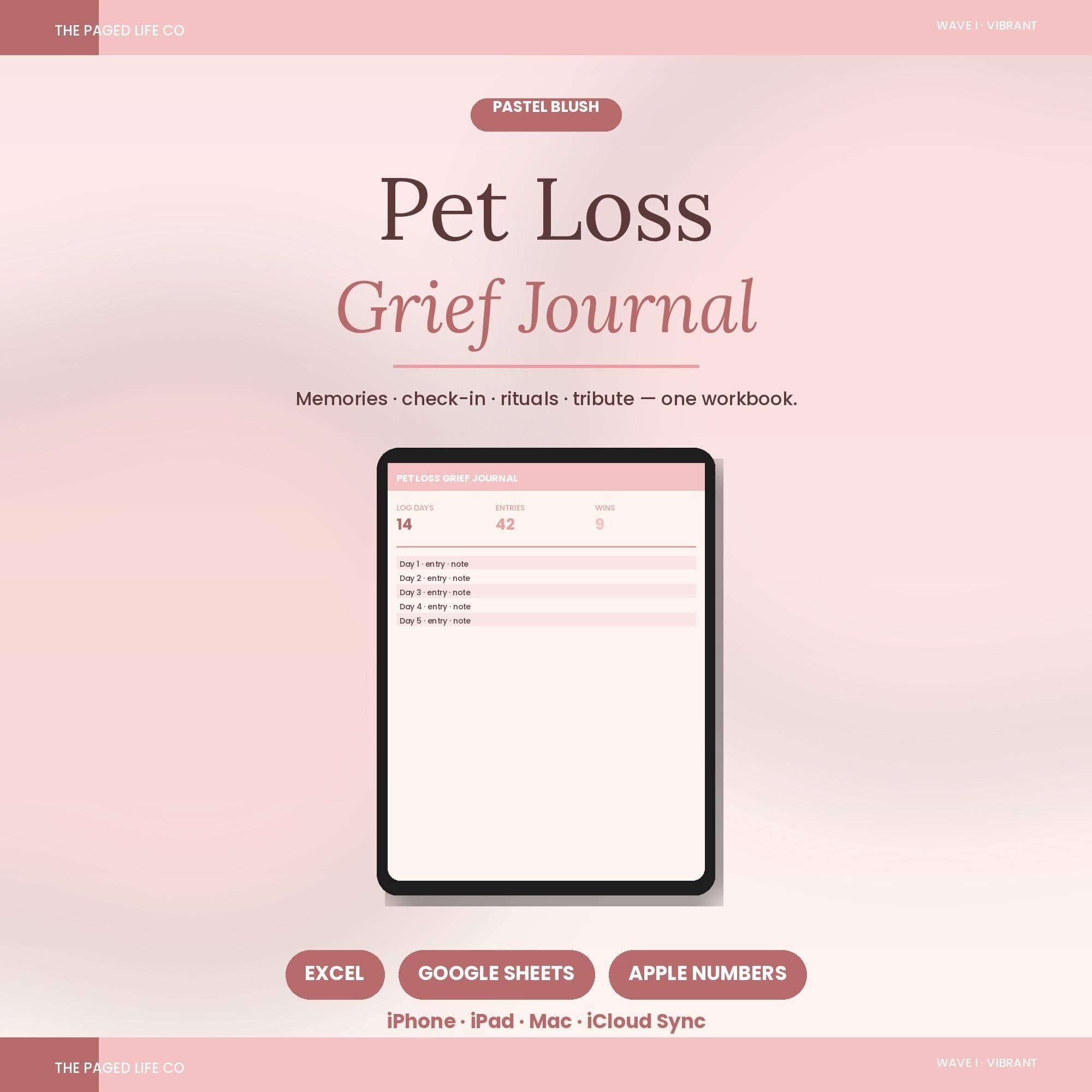 Pet Loss Grief Journal Spreadsheet | Memories Daily Check-In Rituals | 5 Aesthetic Themes | Instant Digital Download