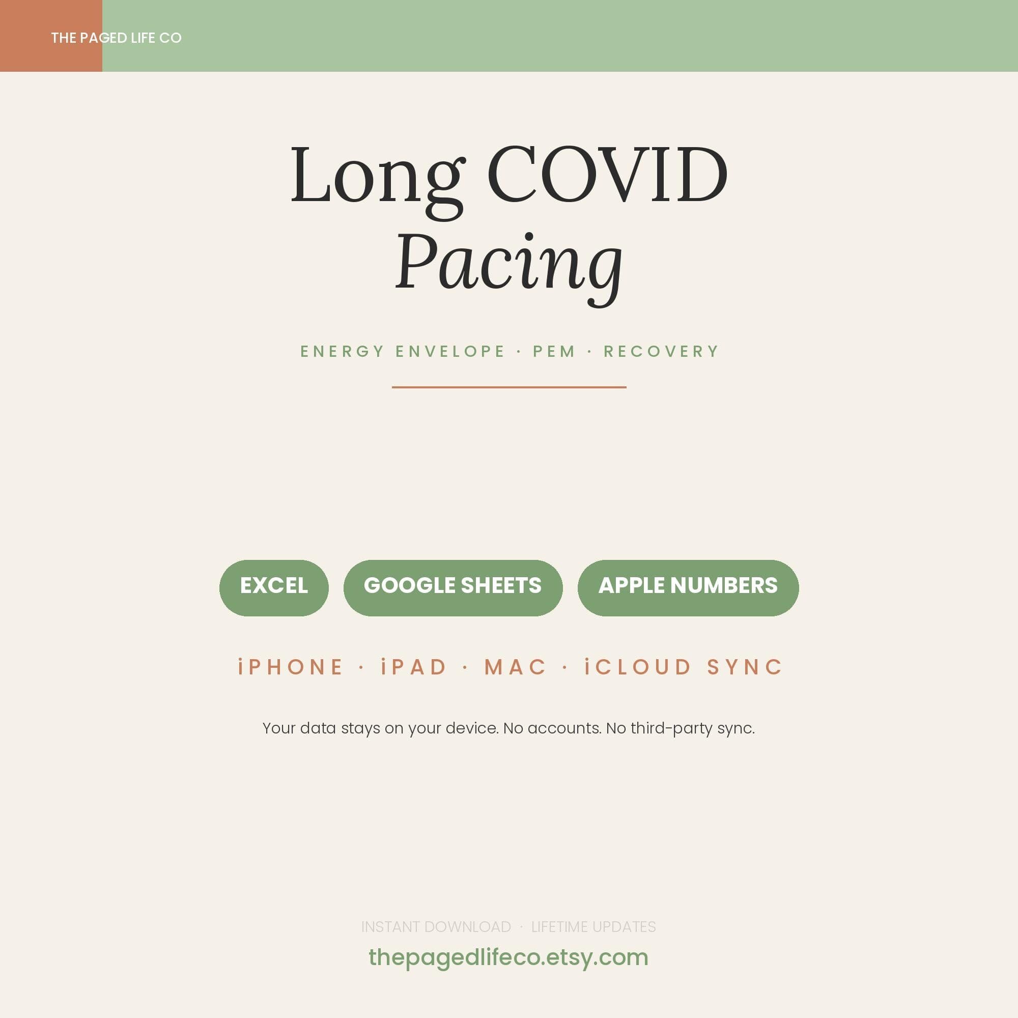 Long COVID Pacing Spreadsheet | Energy Envelope + PEM Tracker | Excel Google Sheets Apple Numbers | Spoonie | iCloud Sync | Digital Download