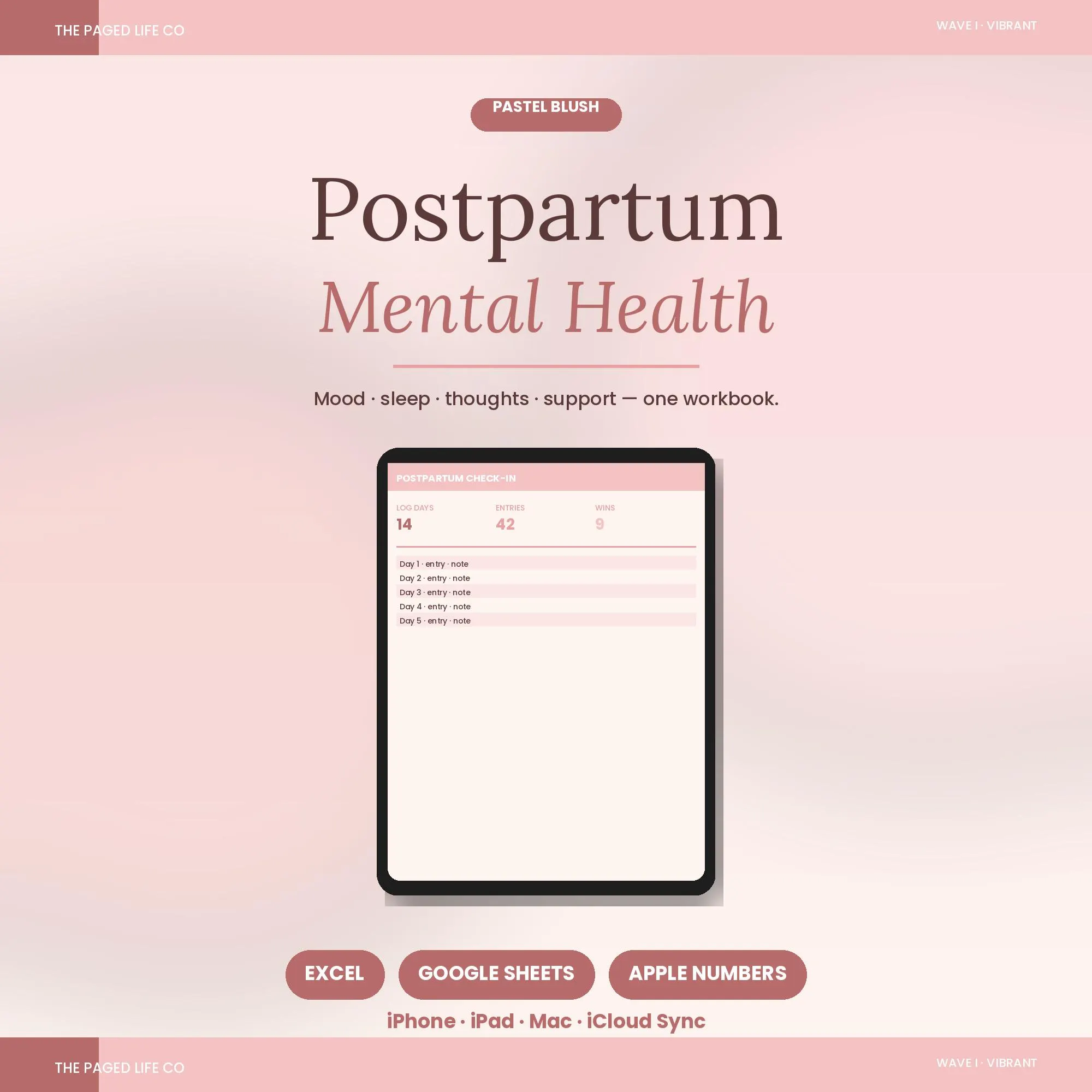 Postpartum Mental Health Spreadsheet | Mood Sleep Intrusive Thoughts Support | 5 Aesthetic Themes | Instant Digital Download