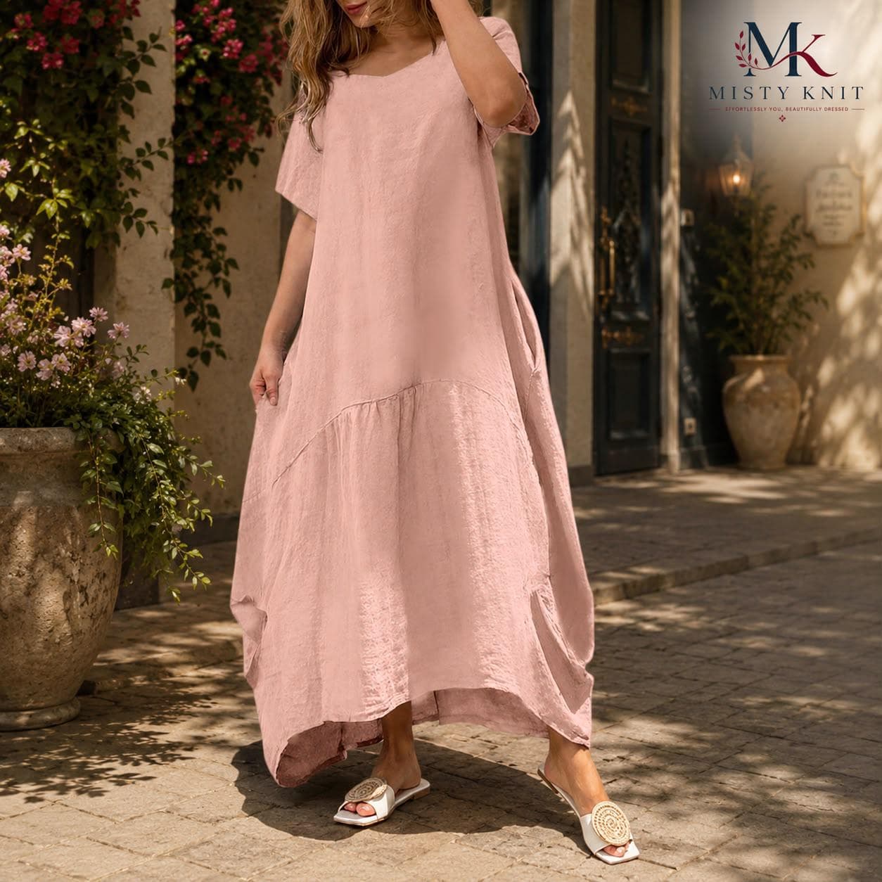 Linen Cotton Maxi Dress, Boho Kaftan, Pockets, Cottagecore Summer, Coastal Smock - image 3
