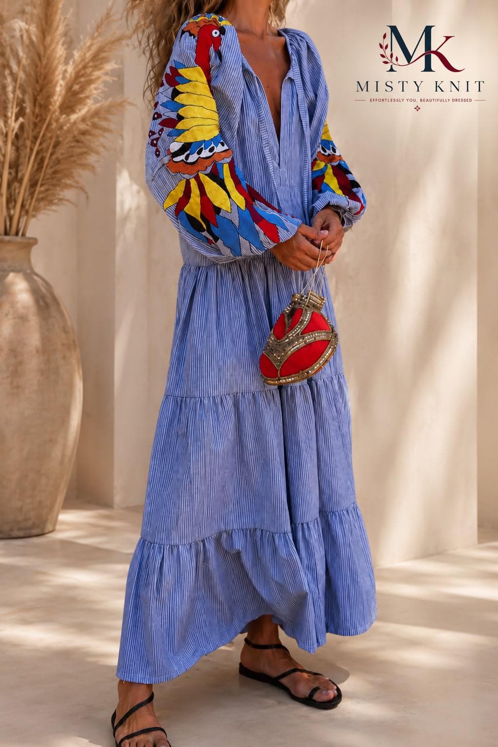 Striped V-Neck Maxi Dress, Colorful Boho Lantern Sleeve, Casual Summer Tiered Style - image 3