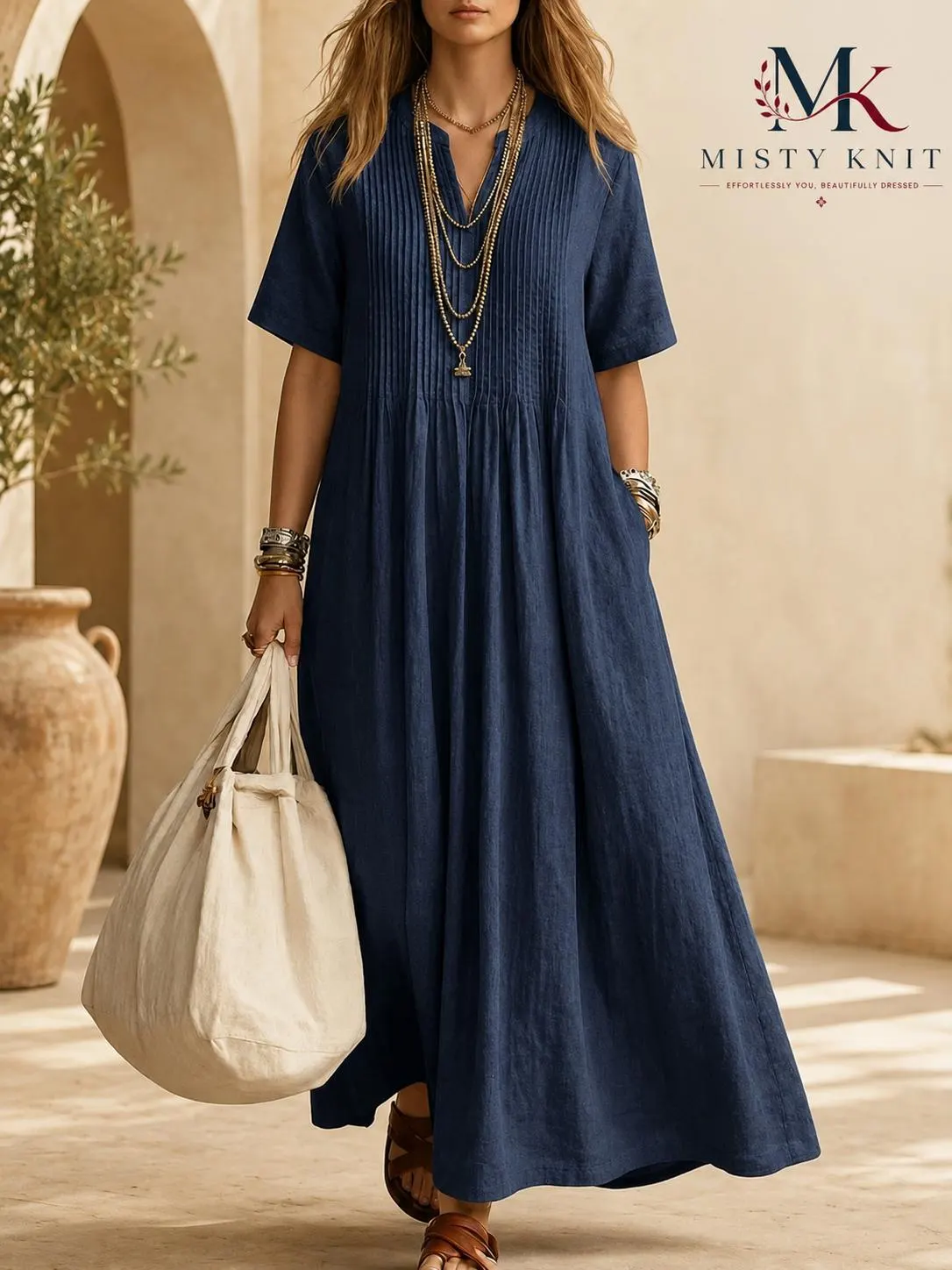 Boho Cotton Linen Maxi Dress, Pleated V-Neck, Loose Summer Style - image 5