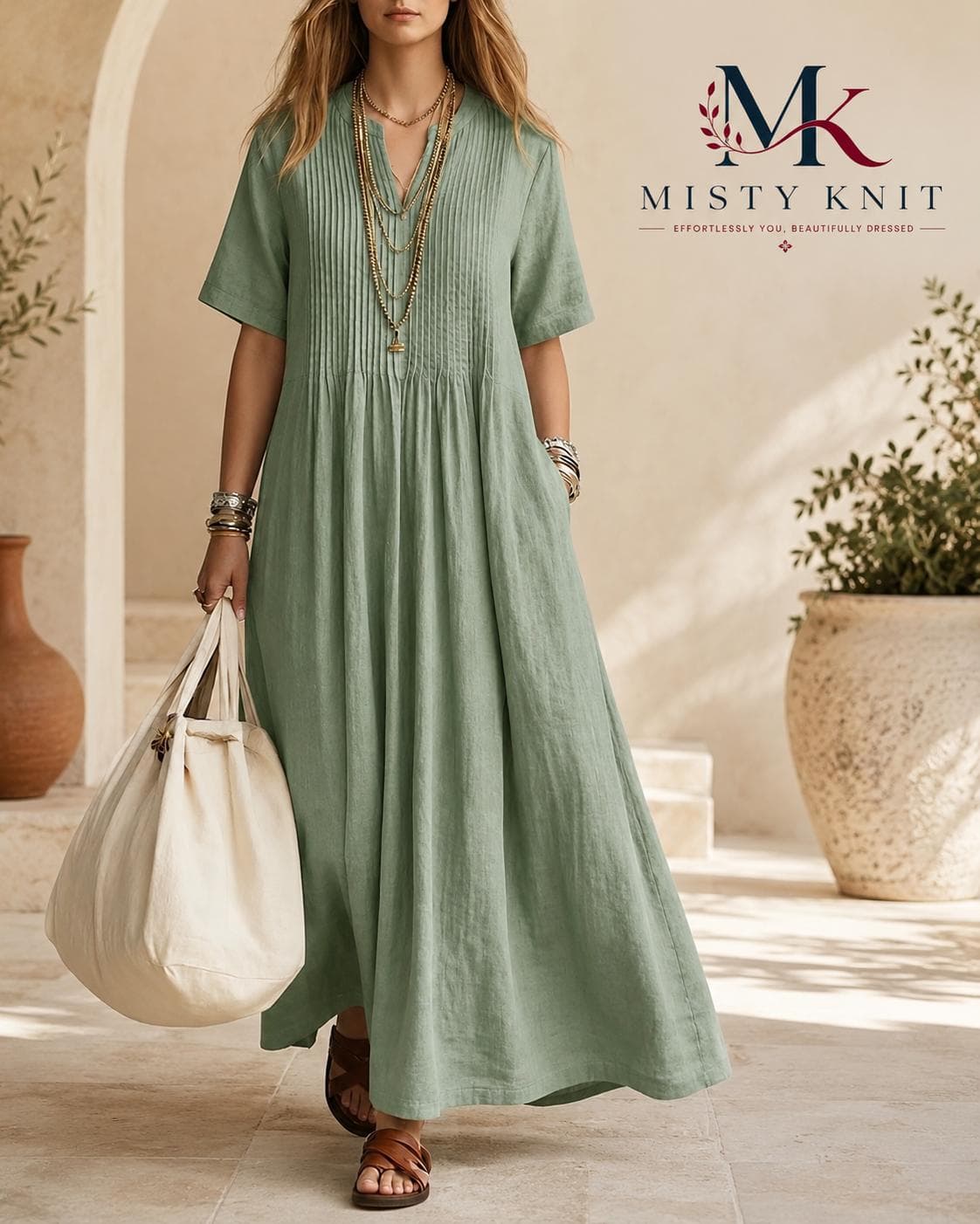 Boho Cotton Linen Maxi Dress, Pleated V-Neck, Loose Summer Style
