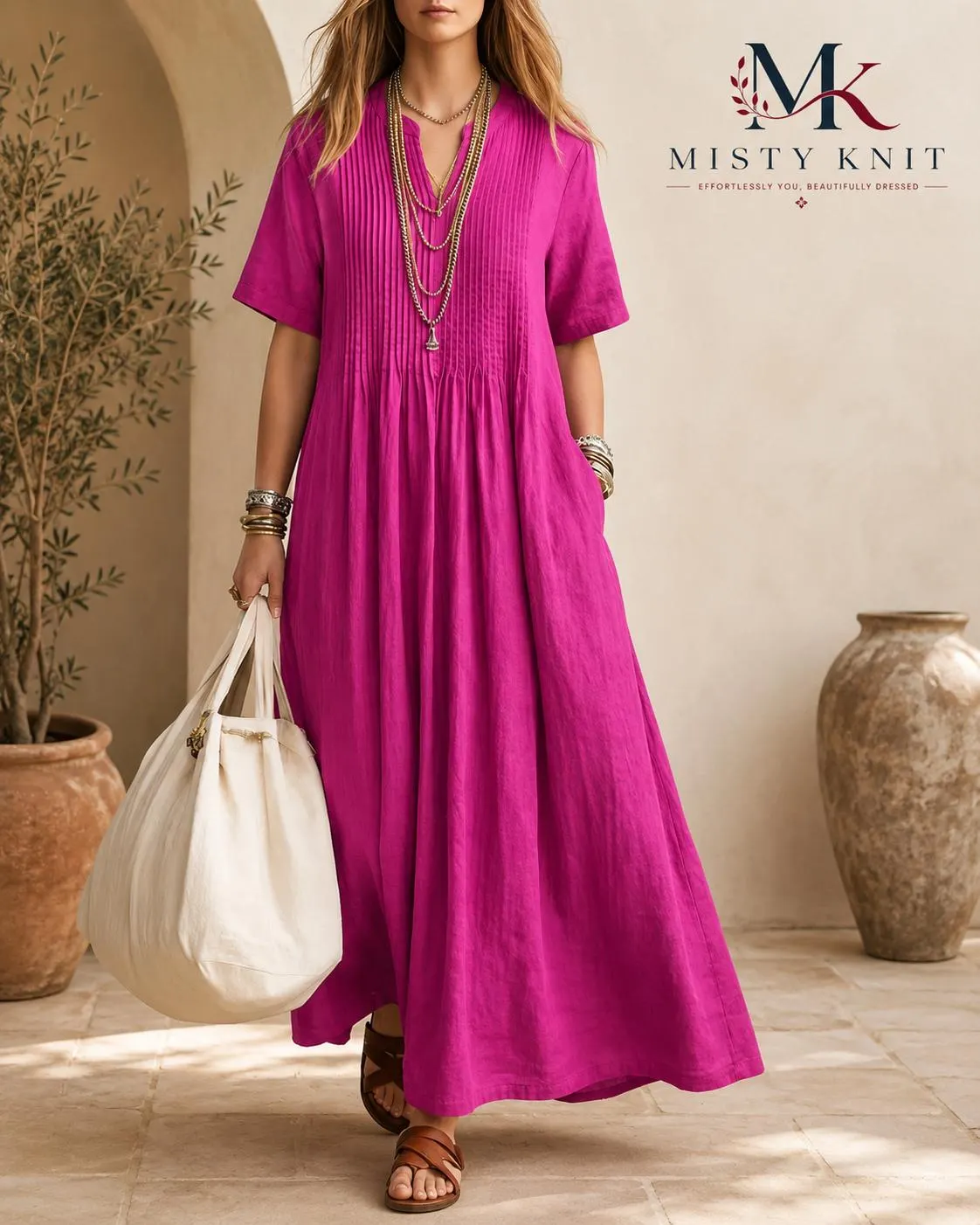 Boho Cotton Linen Maxi Dress, Pleated V-Neck, Loose Summer Style - image 3