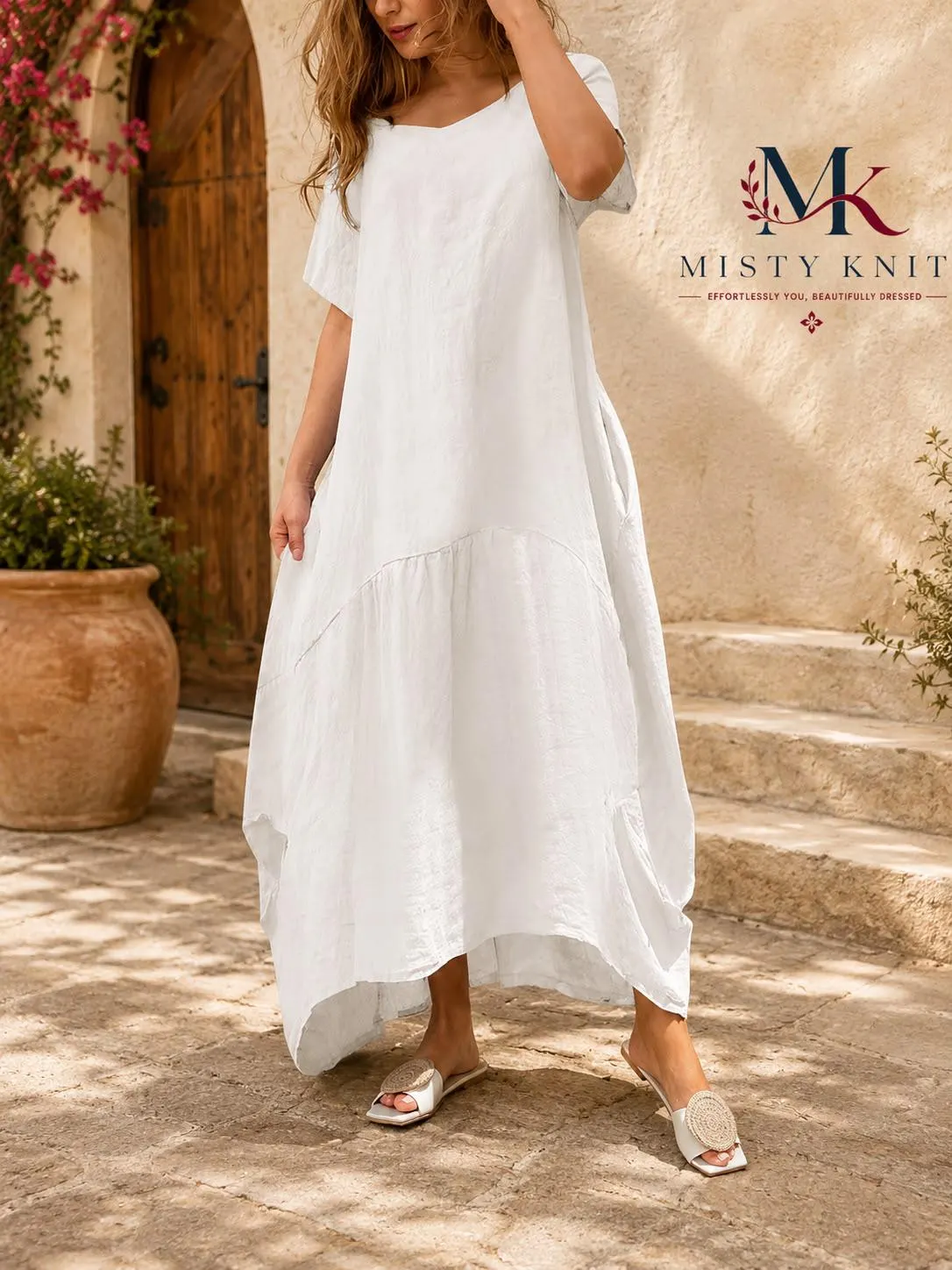 Linen Cotton Maxi Dress, Boho Kaftan, Pockets, Cottagecore Summer, Coastal Smock - image 5
