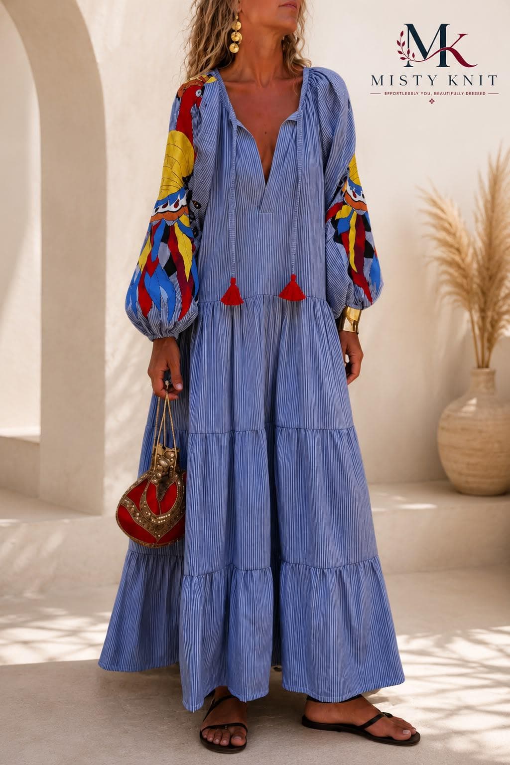 Striped V-Neck Maxi Dress, Colorful Boho Lantern Sleeve, Casual Summer Tiered Style - image 4
