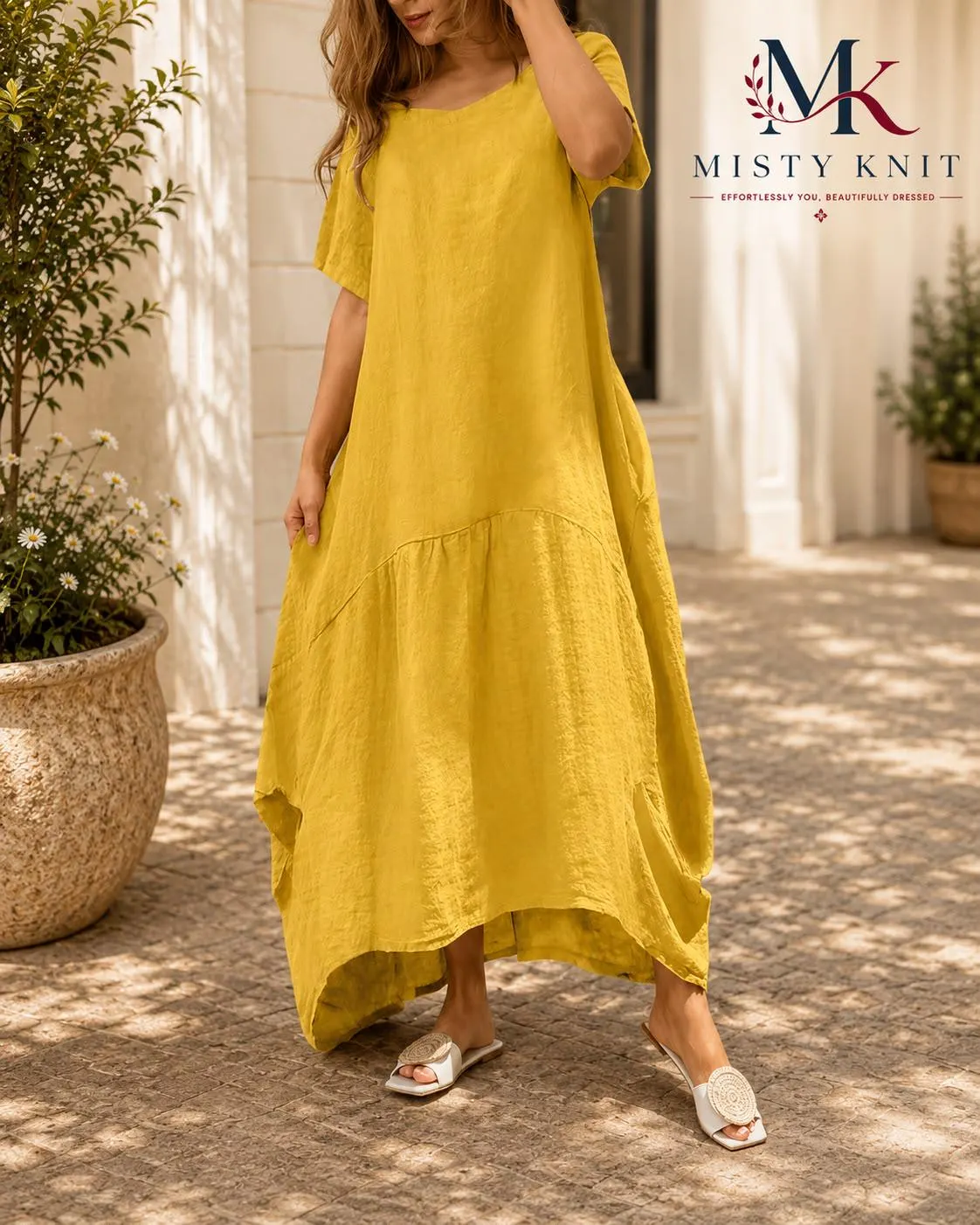 Linen Cotton Maxi Dress, Boho Kaftan, Pockets, Cottagecore Summer, Coastal Smock - image 4